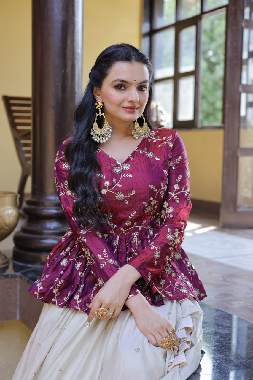 YSL Silk Embroidered Peplum Crop Top Lehenga Set