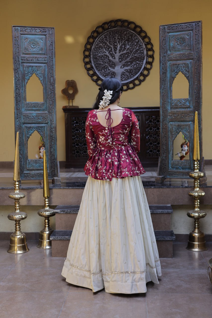 YSL Silk Embroidered Peplum Crop Top Lehenga Set