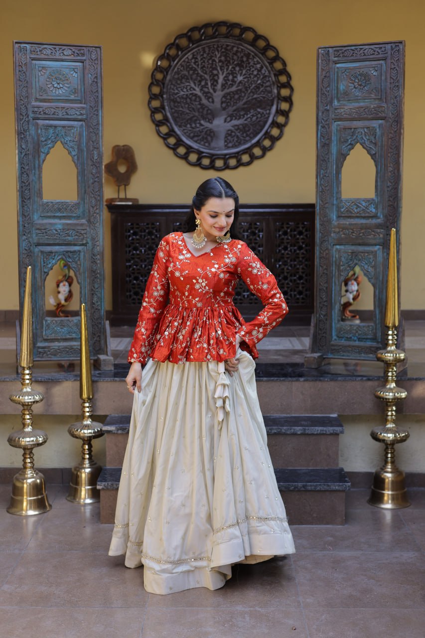 YSL Silk Embroidered Peplum Crop Top Lehenga Set