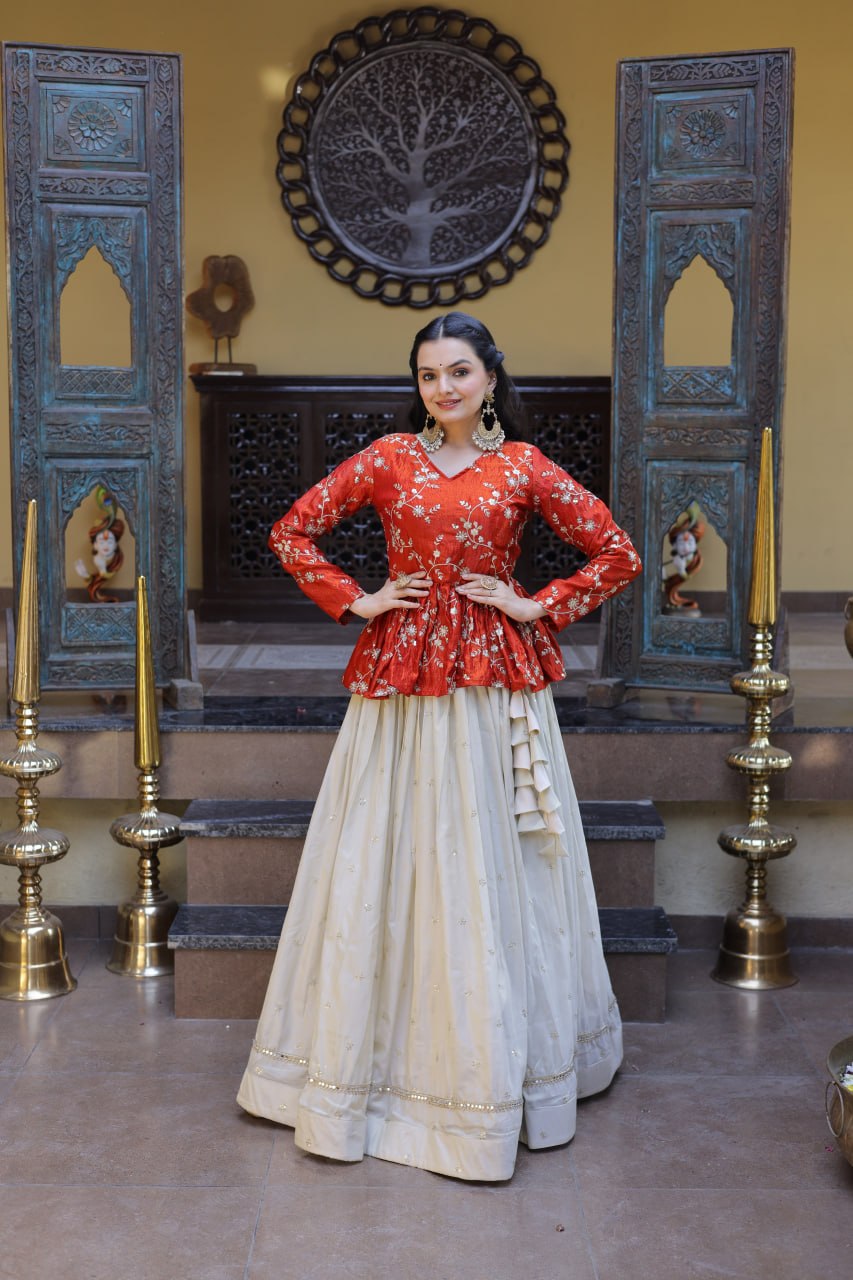 YSL Silk Embroidered Peplum Crop Top Lehenga Set