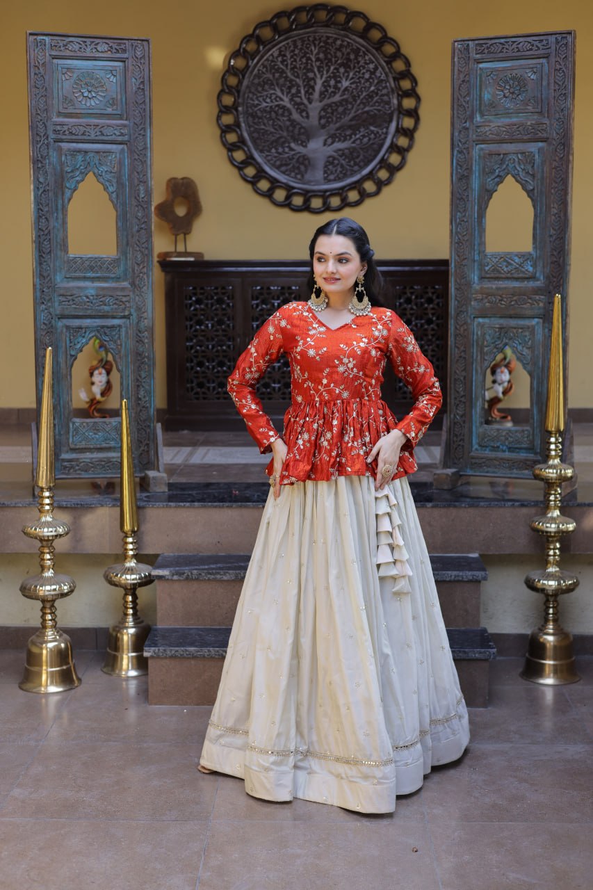 YSL Silk Embroidered Peplum Crop Top Lehenga Set