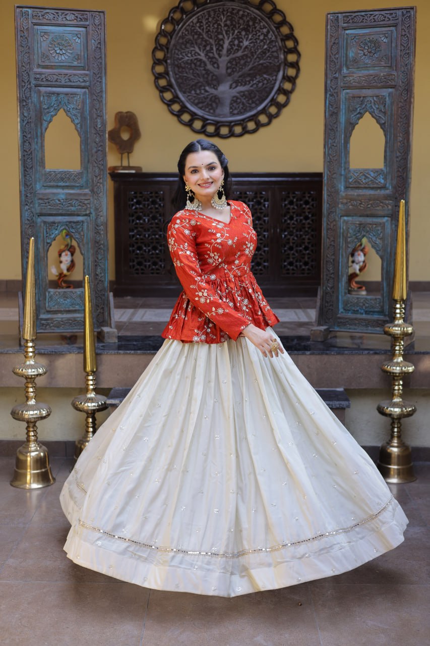 YSL Silk Embroidered Peplum Crop Top Lehenga Set