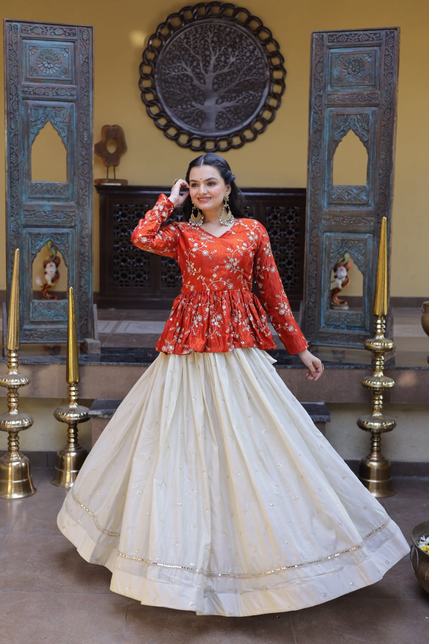 YSL Silk Embroidered Peplum Crop Top Lehenga Set