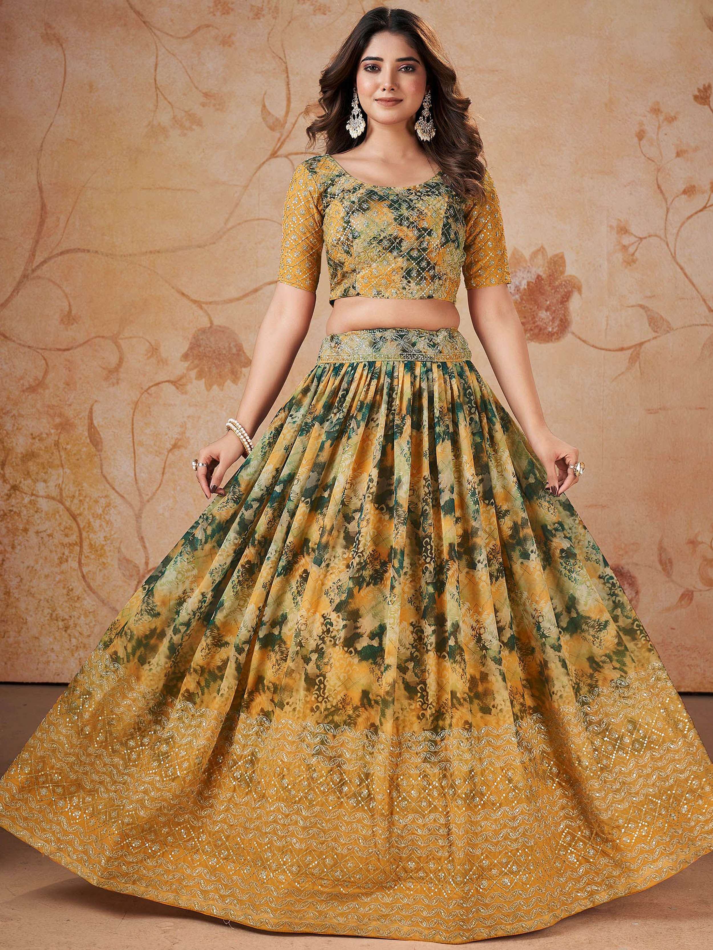 Incredible Yellow Georgette Digital Printed Party Wear Lehenga Choli