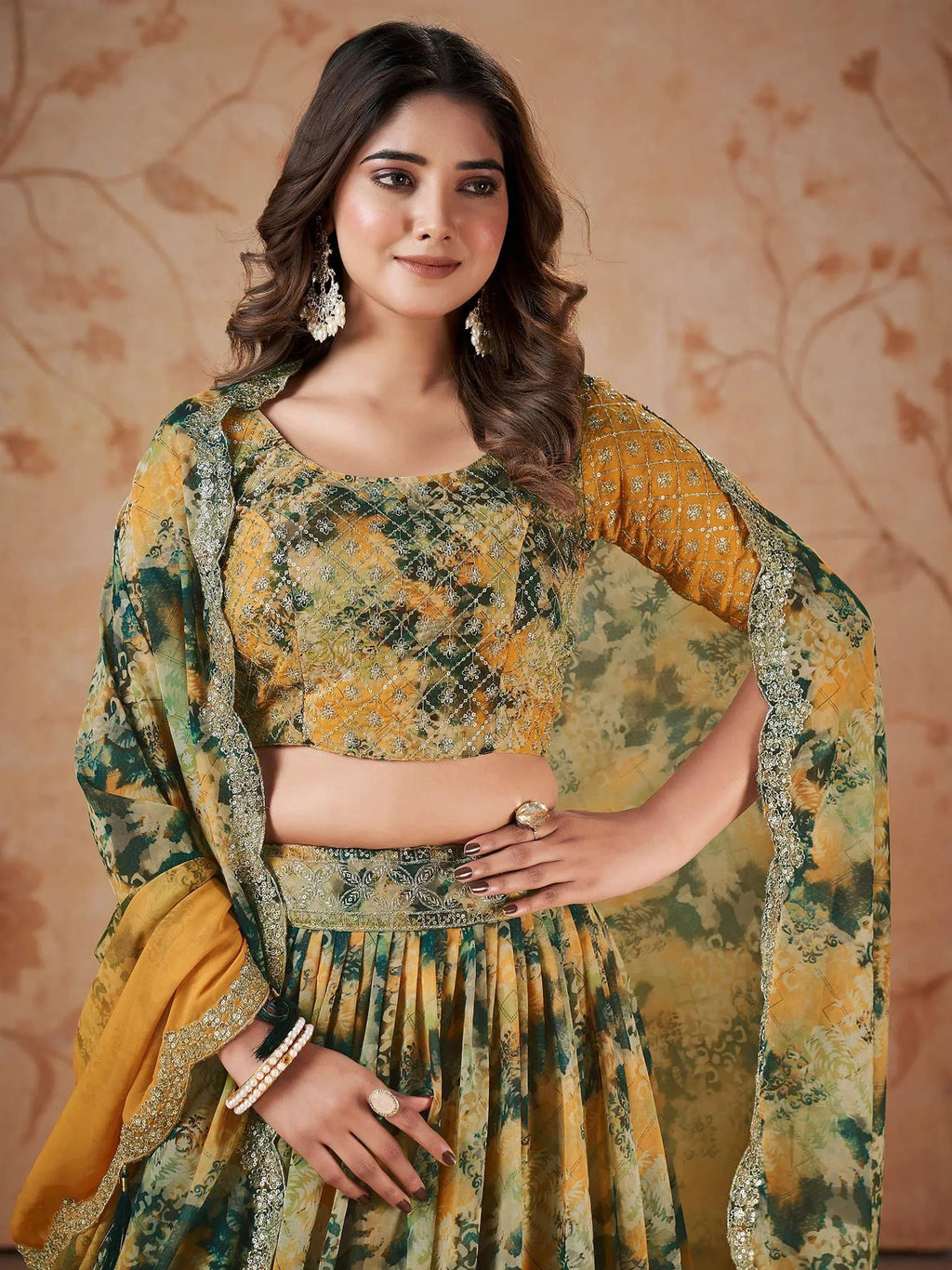 Incredible Yellow Georgette Digital Printed Party Wear Lehenga Choli