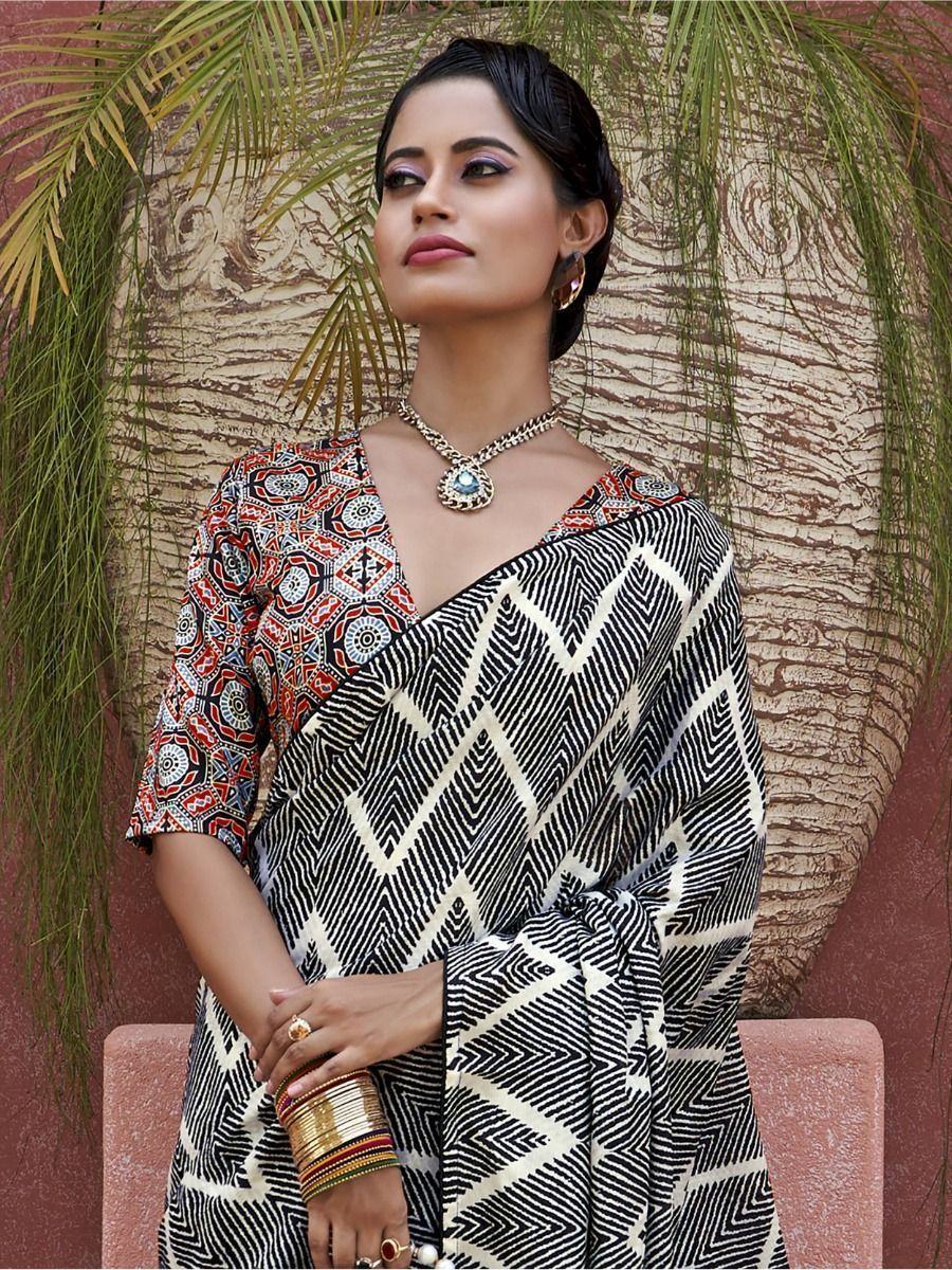 Captivating Black Digital Printed Crepe Event Wear Saree With Blouse