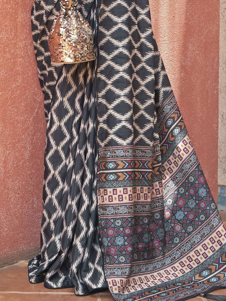 Embrace Grey Digital Printed Crepe Festivities Saree & Blouse