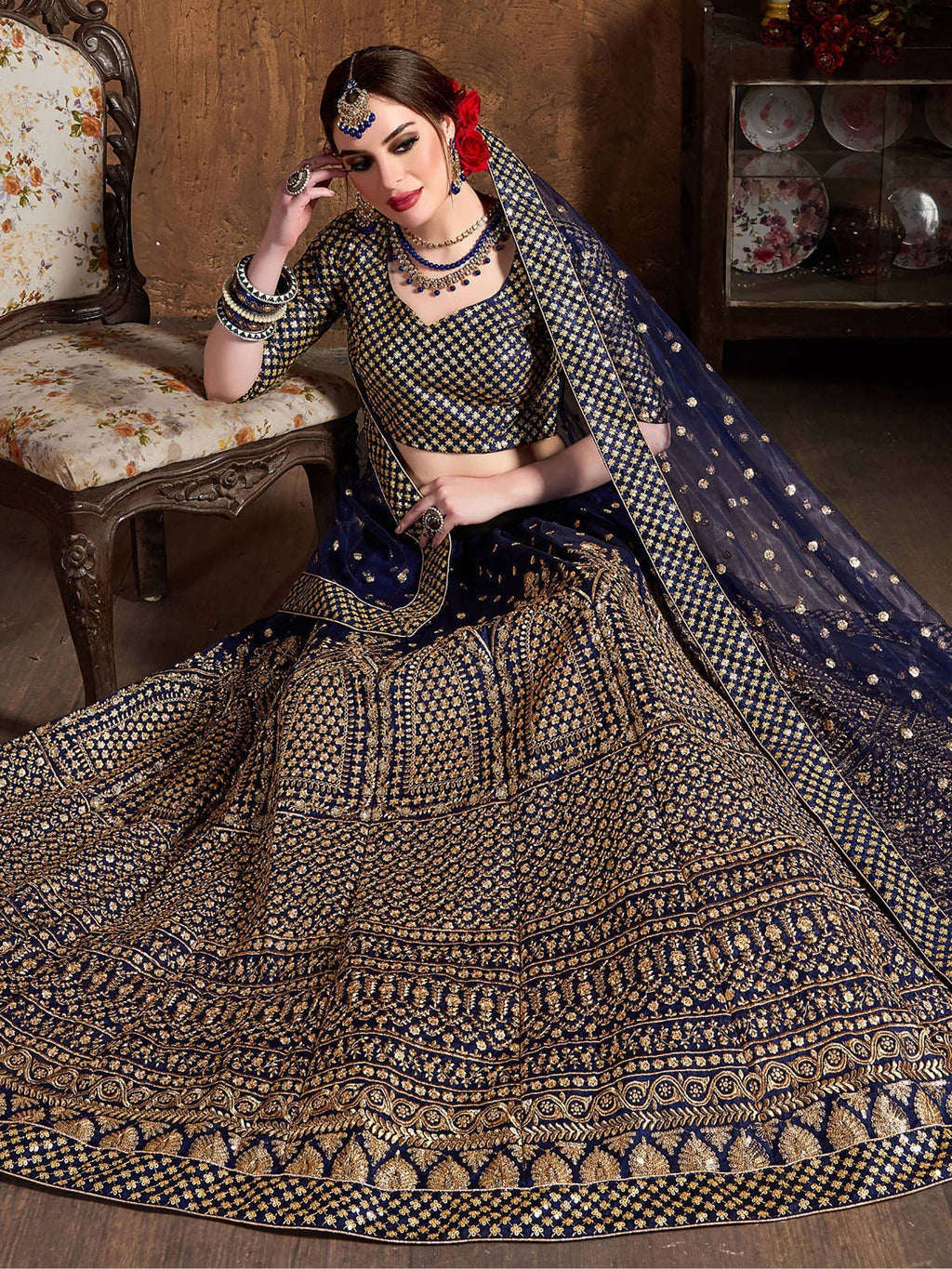 Navy Sequins Raw Silk Wedding Lehenga Choli With Dupatta