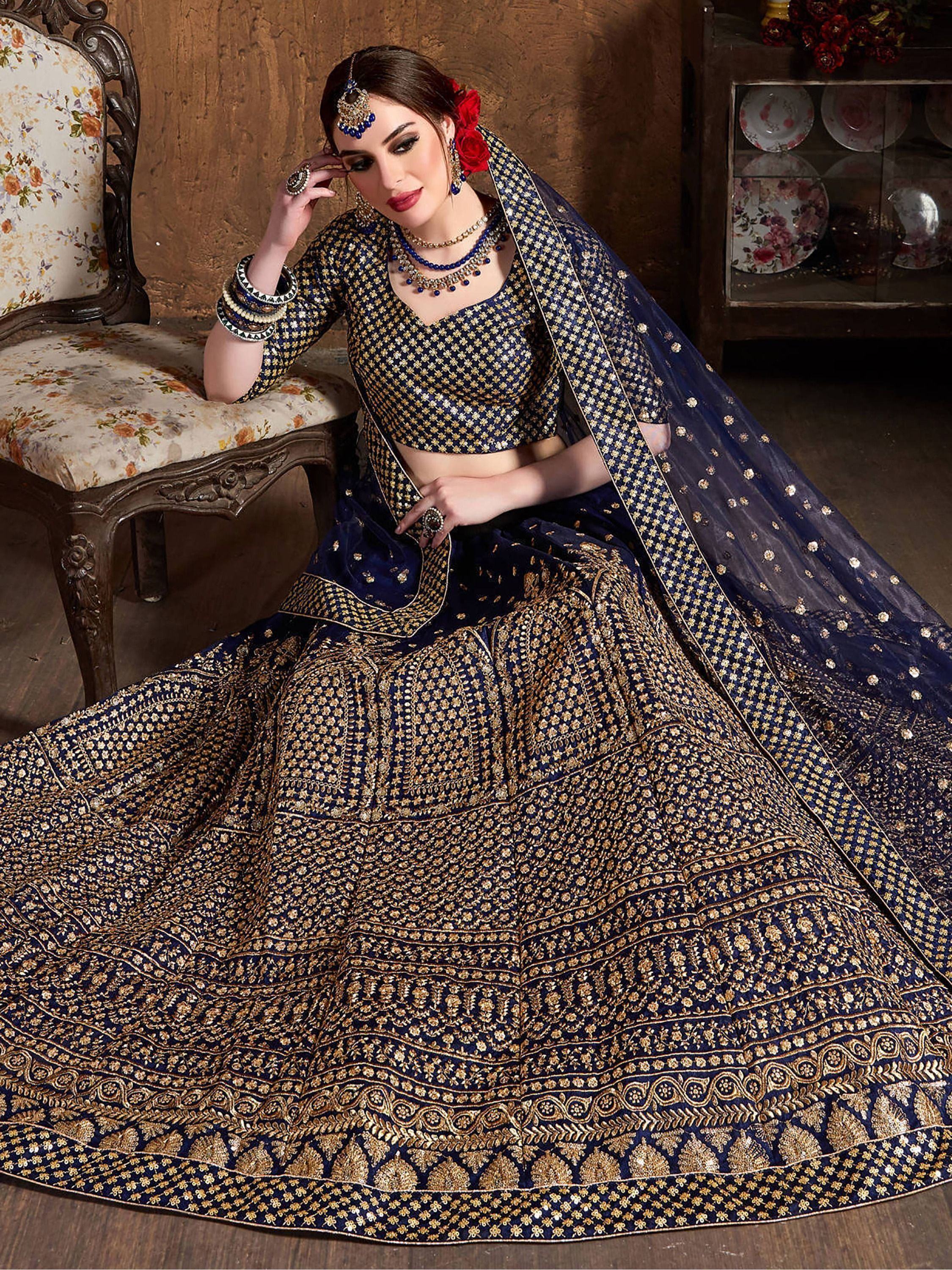 Navy Sequins Raw Silk Wedding Lehenga Choli With Dupatta