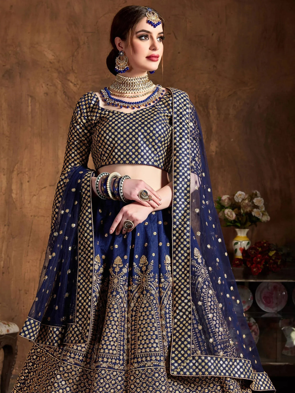 Navy Sequins Raw Silk Wedding Lehenga Choli With Dupatta