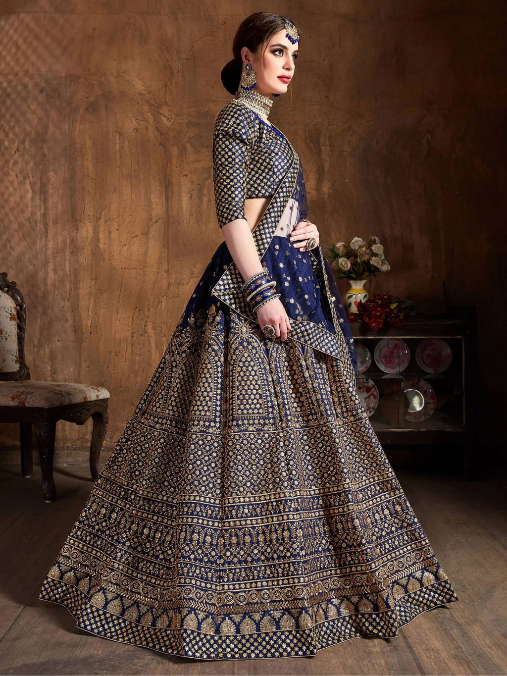 Navy Sequins Raw Silk Wedding Lehenga Choli With Dupatta