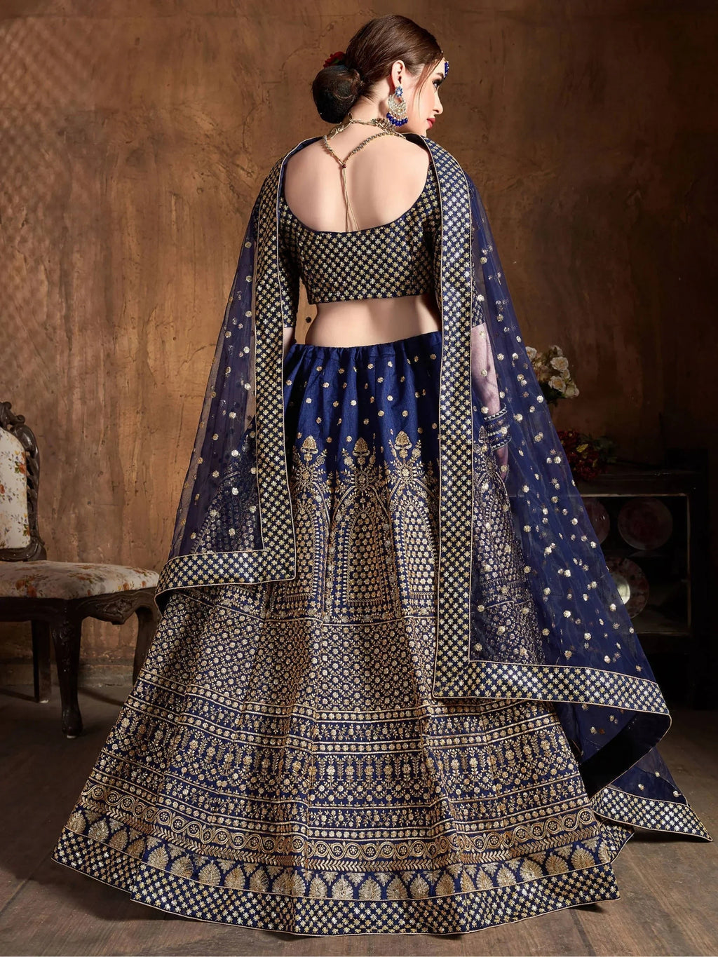Navy Sequins Raw Silk Wedding Lehenga Choli With Dupatta