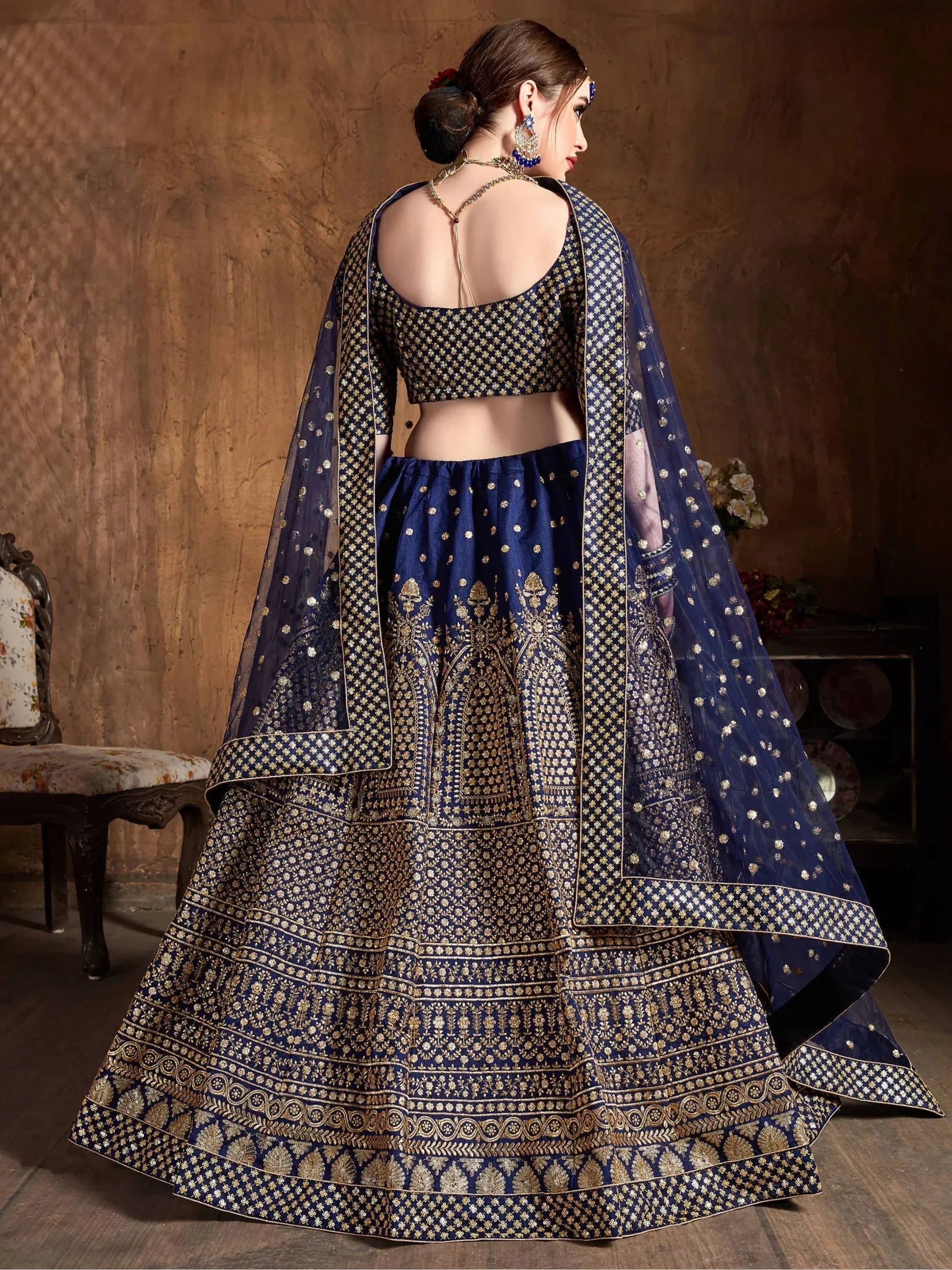 Navy Sequins Raw Silk Wedding Lehenga Choli With Dupatta