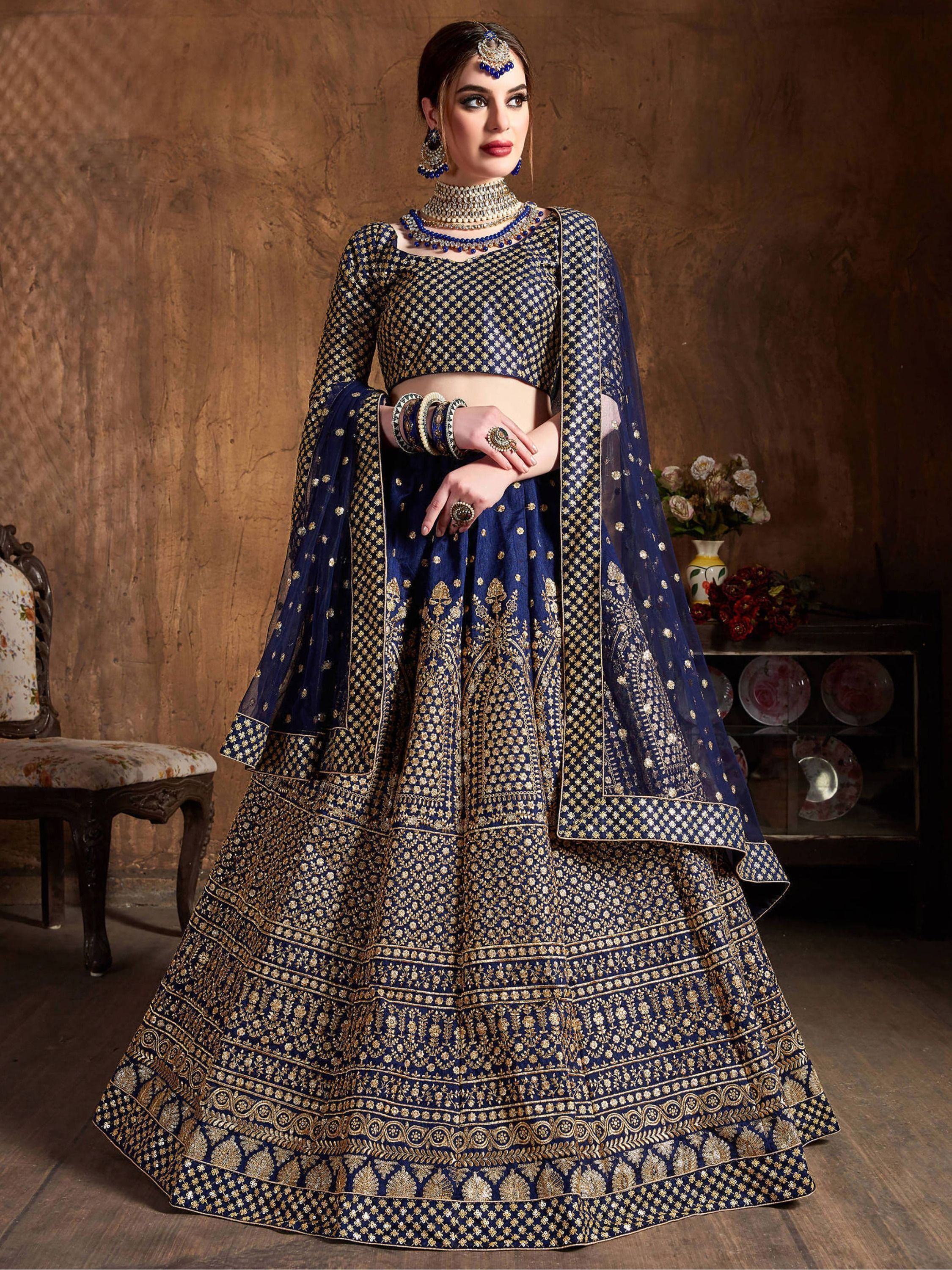 Navy Sequins Raw Silk Wedding Lehenga Choli With Dupatta