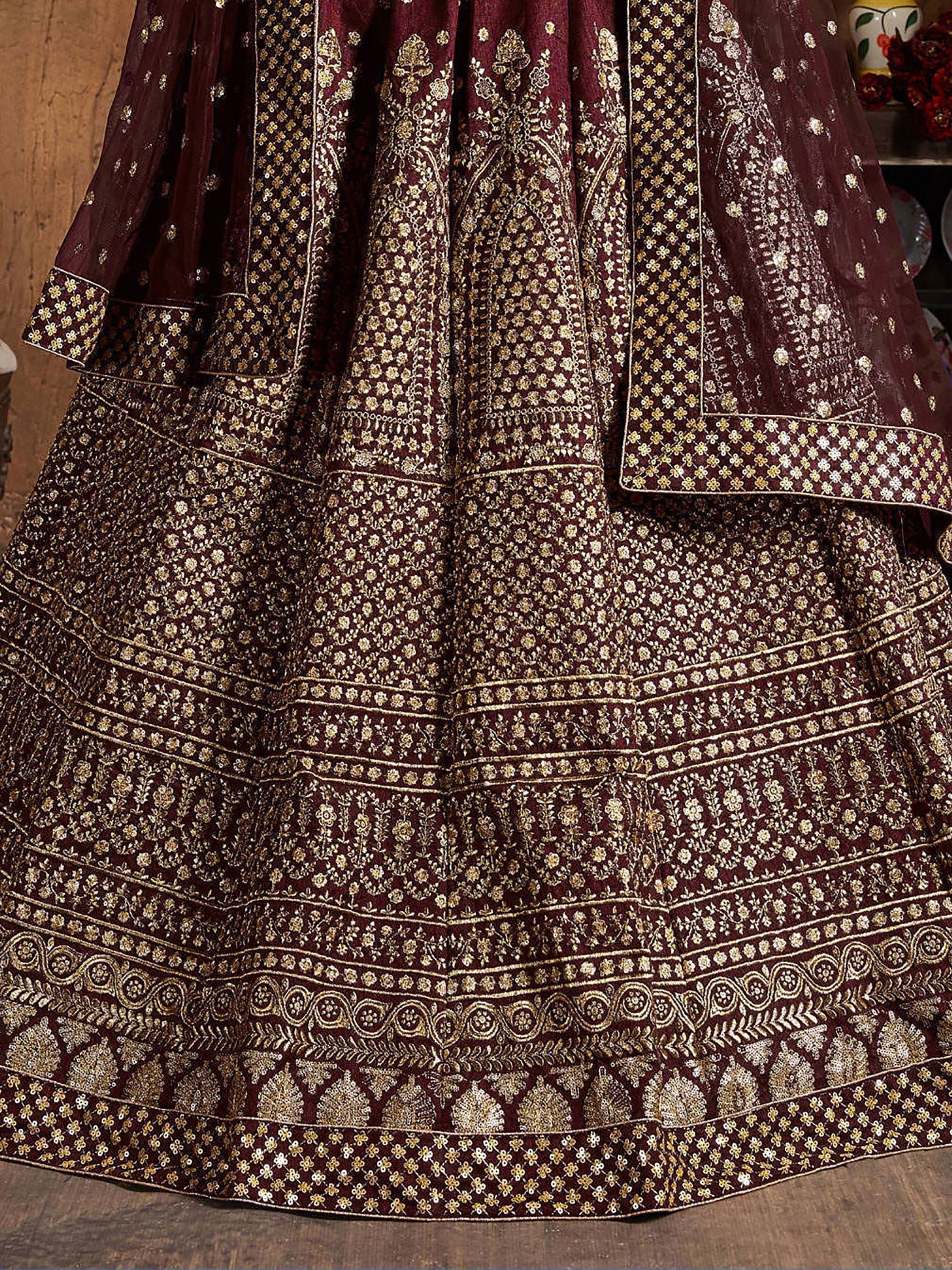 Maroon Sequins Raw Silk Wedding Lehenga Choli With Dupatta