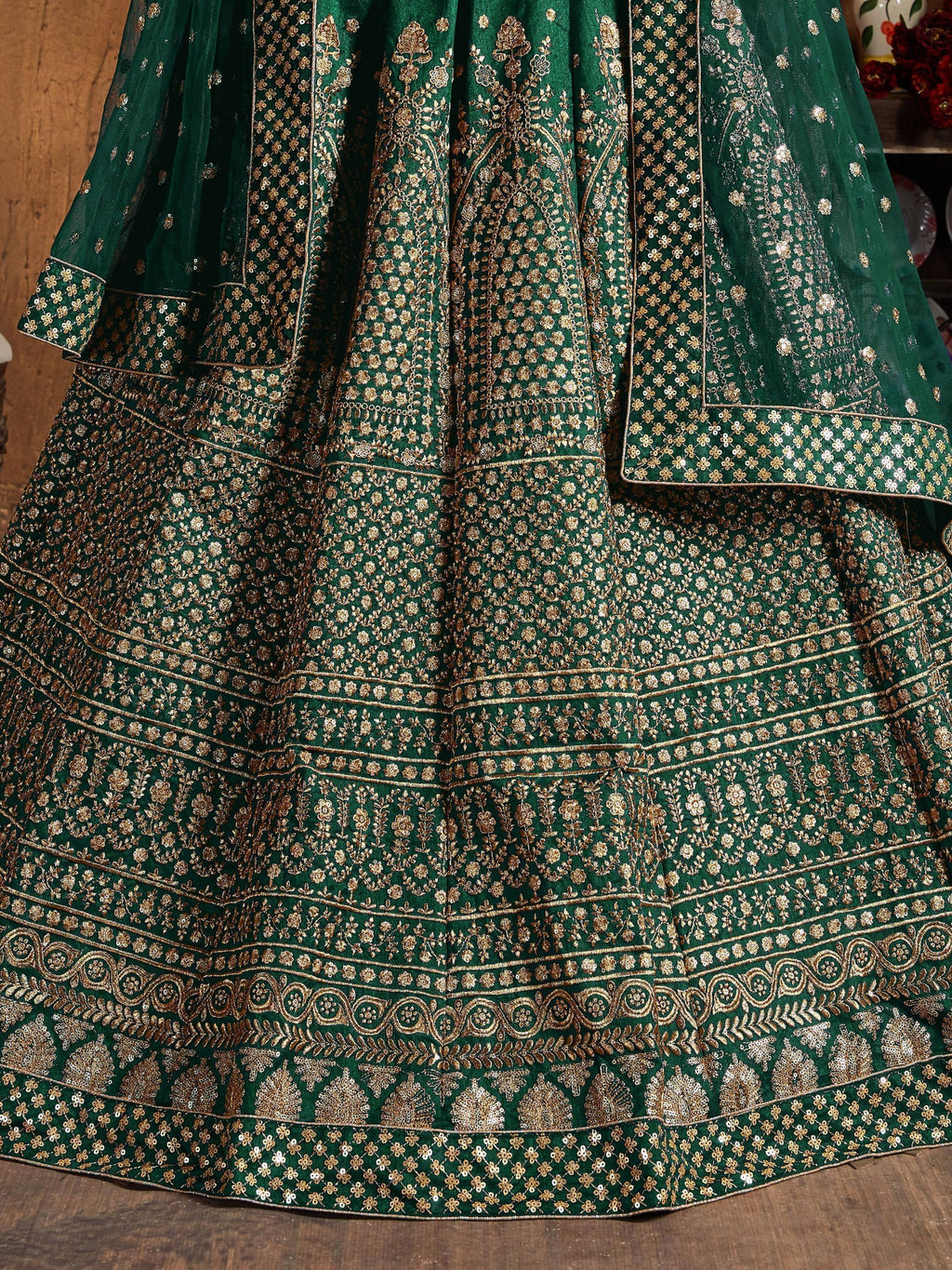 Bottle Green Bottle Sequins Raw Silk Wedding Lehenga Choli With Dupatta