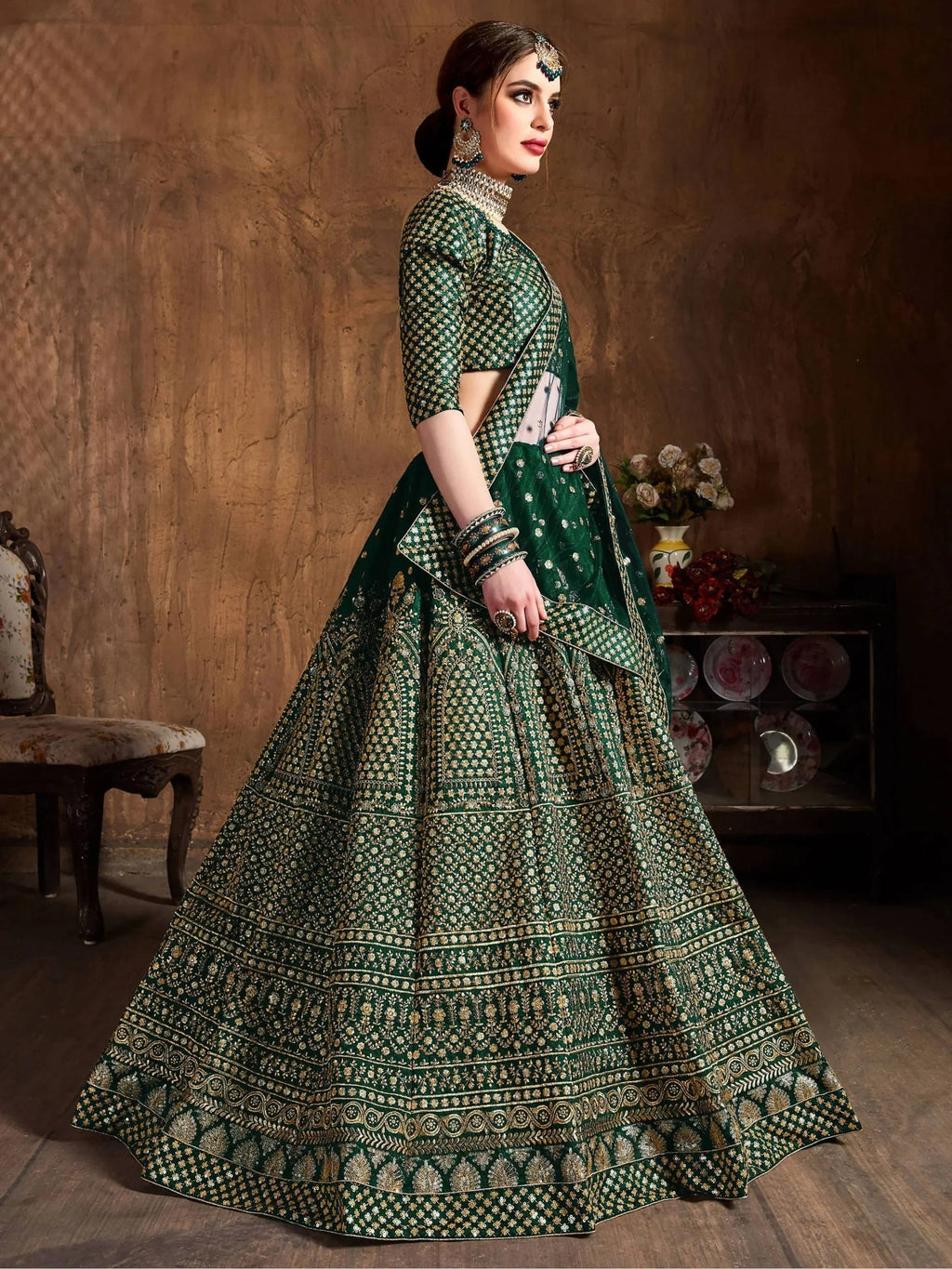 Bottle Green Bottle Sequins Raw Silk Wedding Lehenga Choli With Dupatta