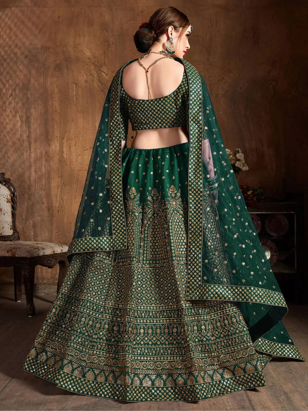 Bottle Green Bottle Sequins Raw Silk Wedding Lehenga Choli With Dupatta
