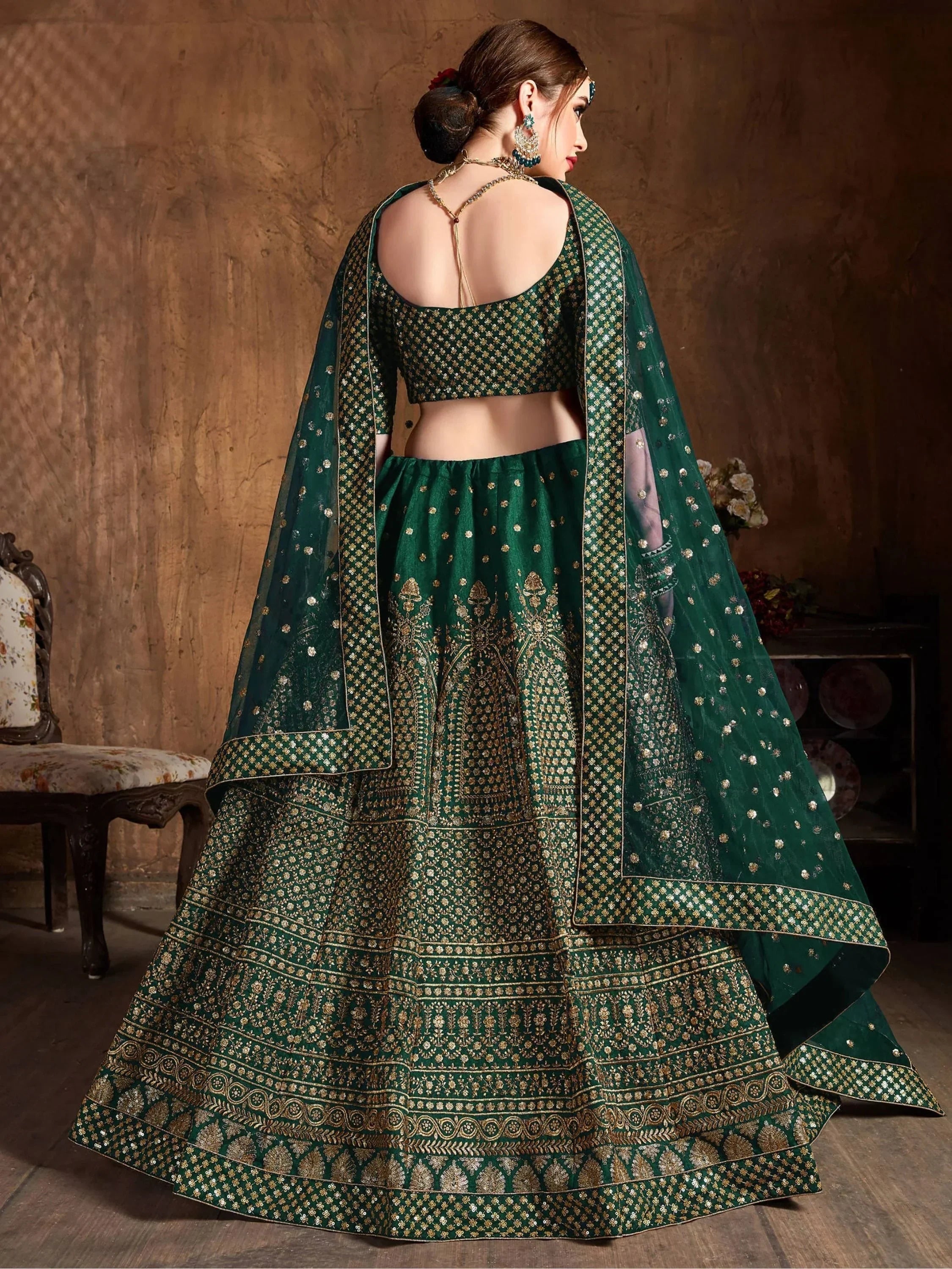 Bottle Green Bottle Sequins Raw Silk Wedding Lehenga Choli With Dupatta