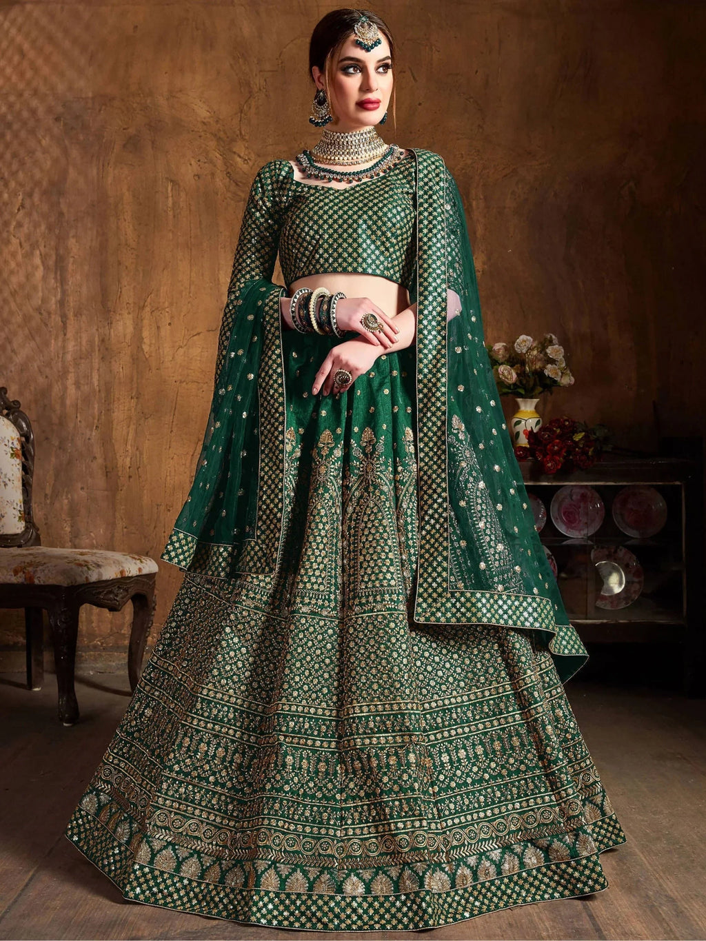 Bottle Green Bottle Sequins Raw Silk Wedding Lehenga Choli With Dupatta