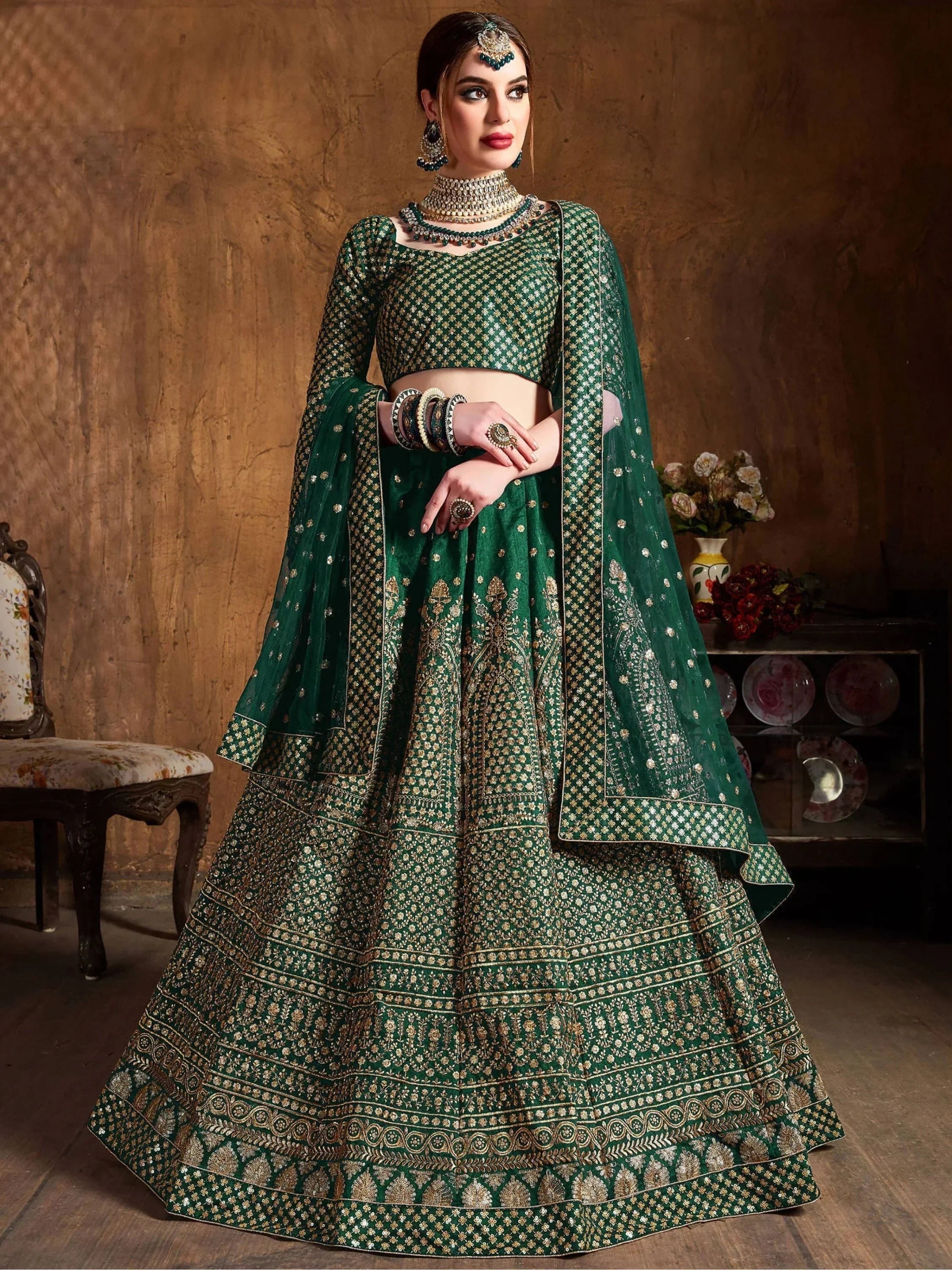 Bottle Green Bottle Sequins Raw Silk Wedding Lehenga Choli With Dupatta