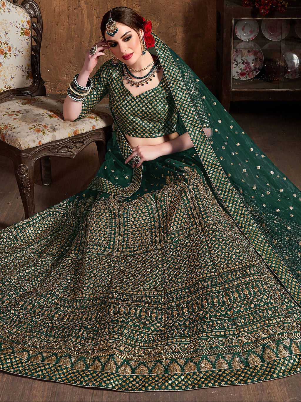 Bottle Green Bottle Sequins Raw Silk Wedding Lehenga Choli With Dupatta