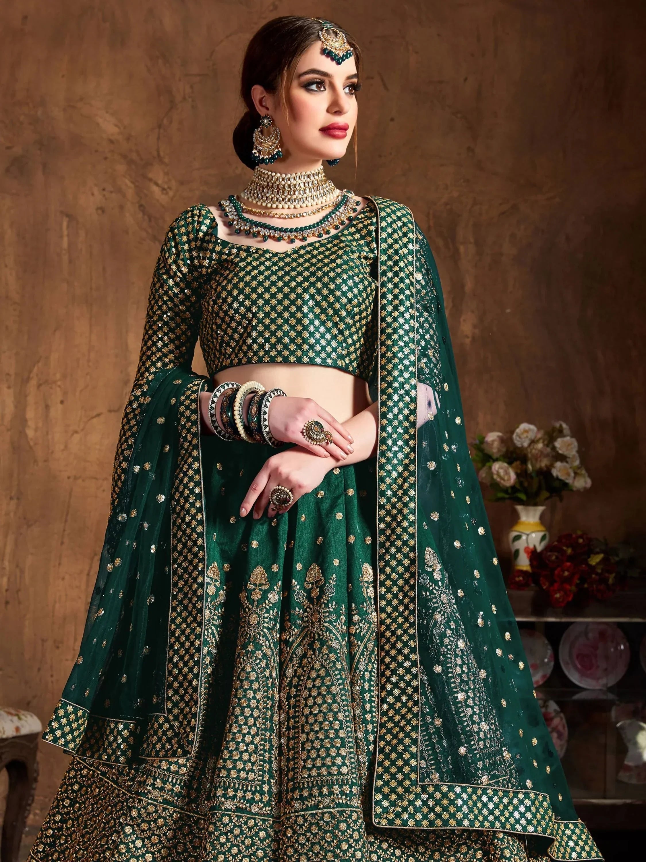 Bottle Green Bottle Sequins Raw Silk Wedding Lehenga Choli With Dupatta