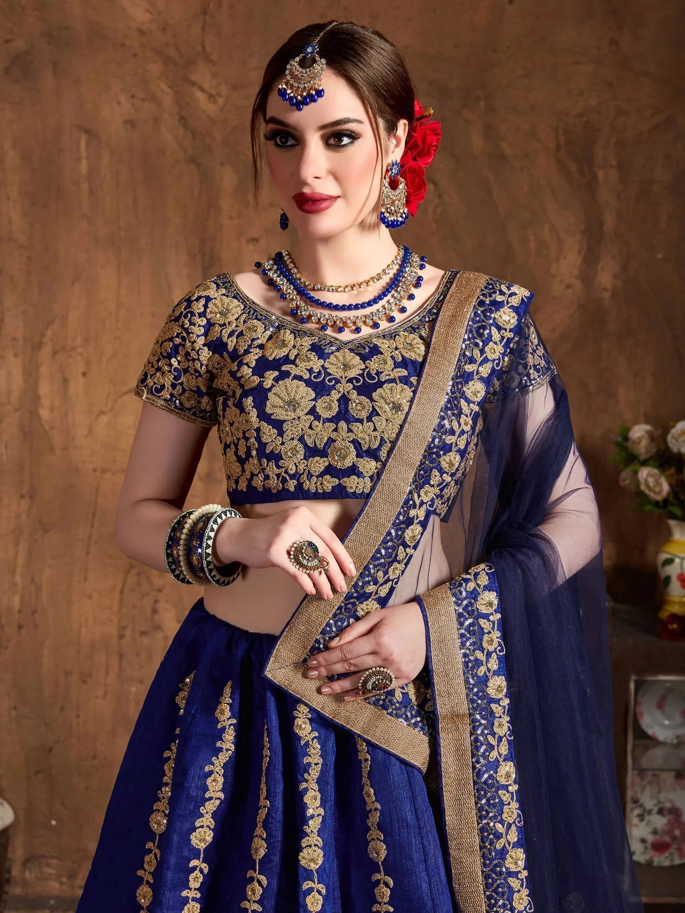 Navy Embroidery Raw Silk Wedding Lehenga Choli With Dupatta