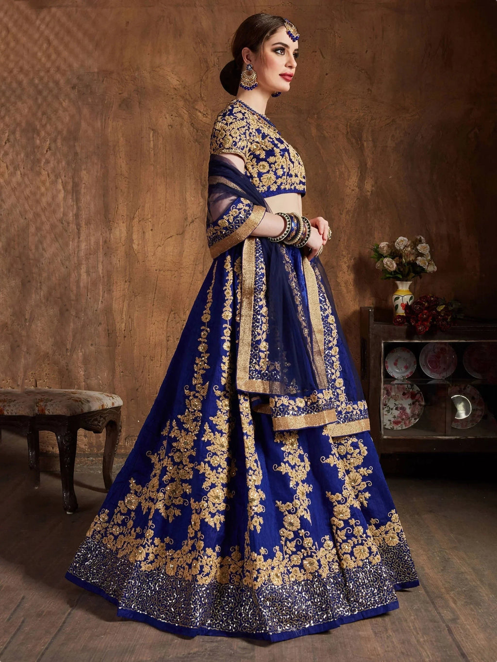 Navy Embroidery Raw Silk Wedding Lehenga Choli With Dupatta