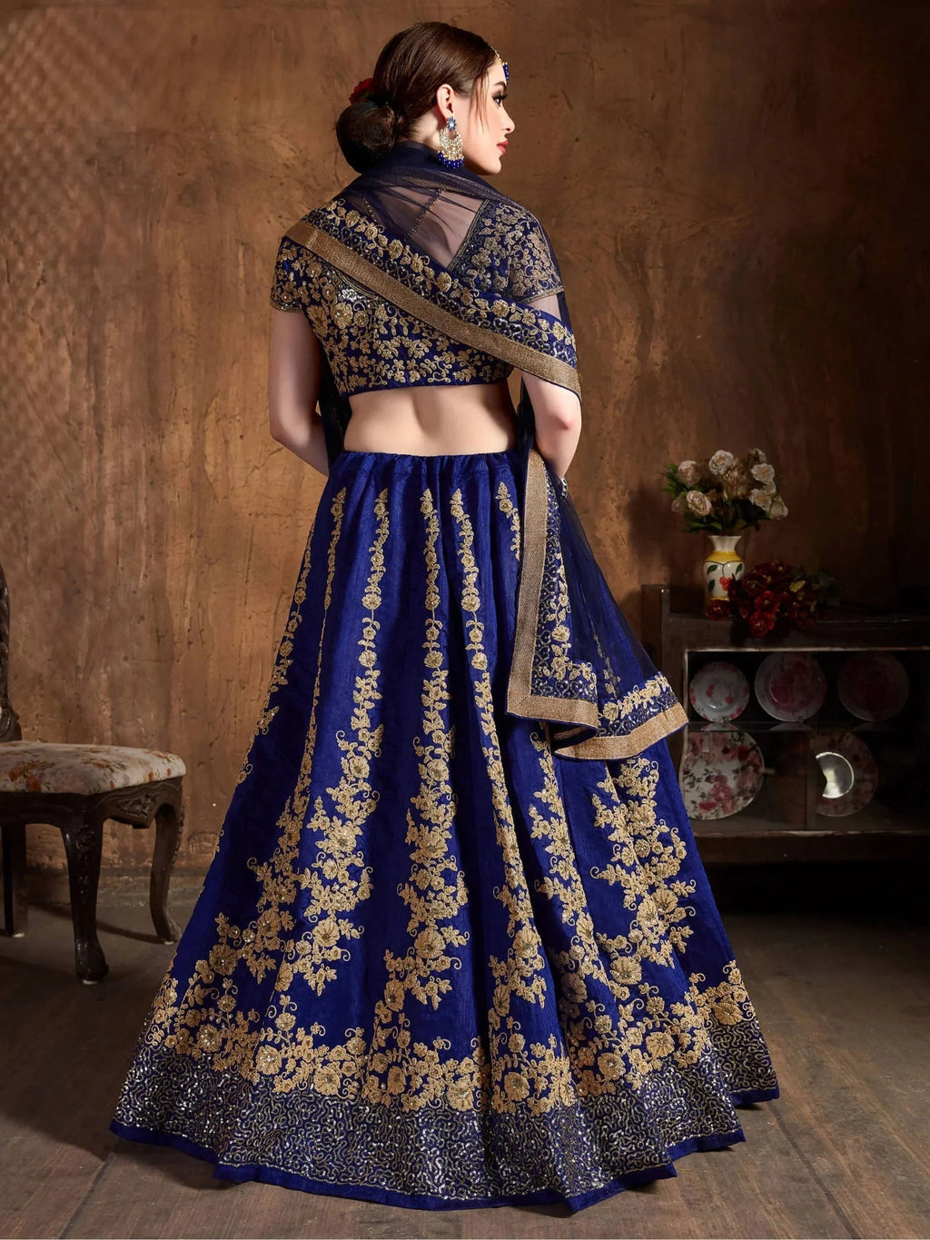 Navy Embroidery Raw Silk Wedding Lehenga Choli With Dupatta