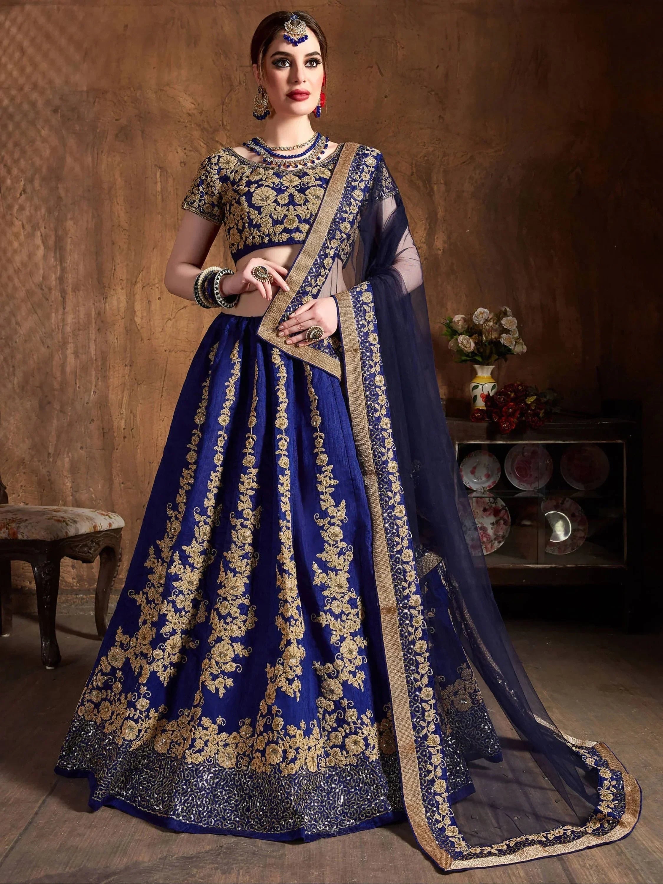 Navy Embroidery Raw Silk Wedding Lehenga Choli With Dupatta