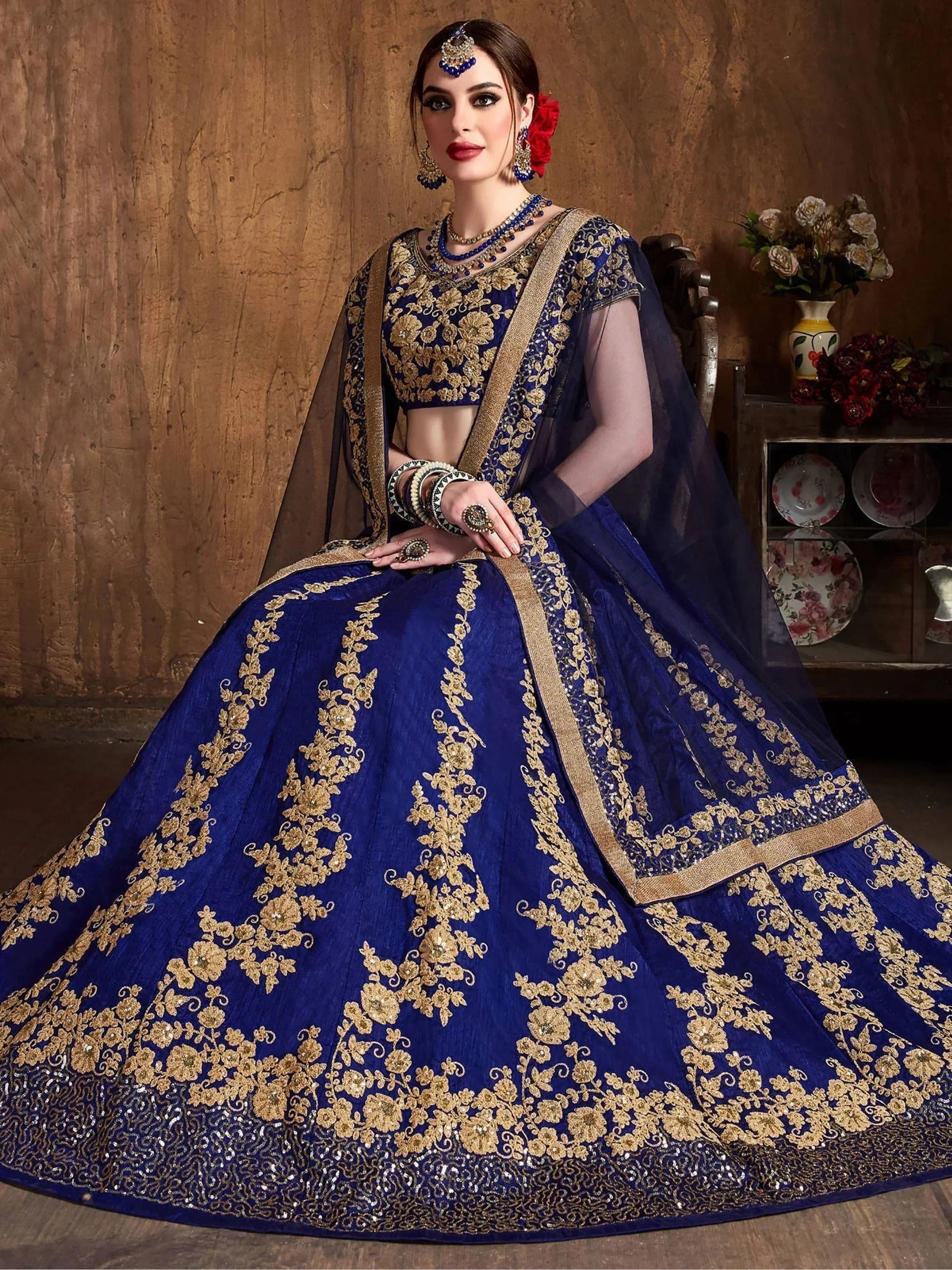 Navy Embroidery Raw Silk Wedding Lehenga Choli With Dupatta