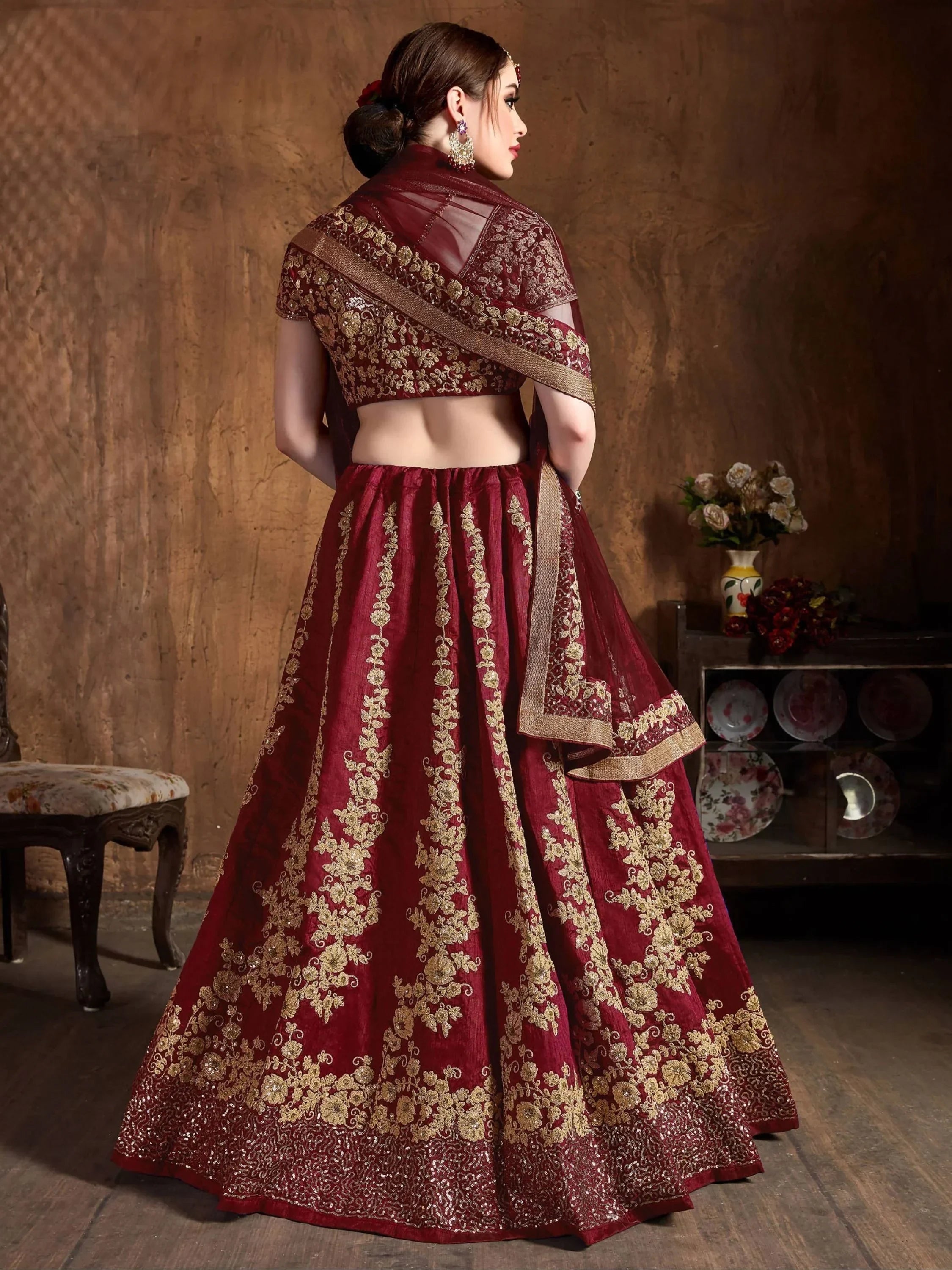 Maroon Embroidery Raw Silk Wedding Lehenga Choli With Dupatta