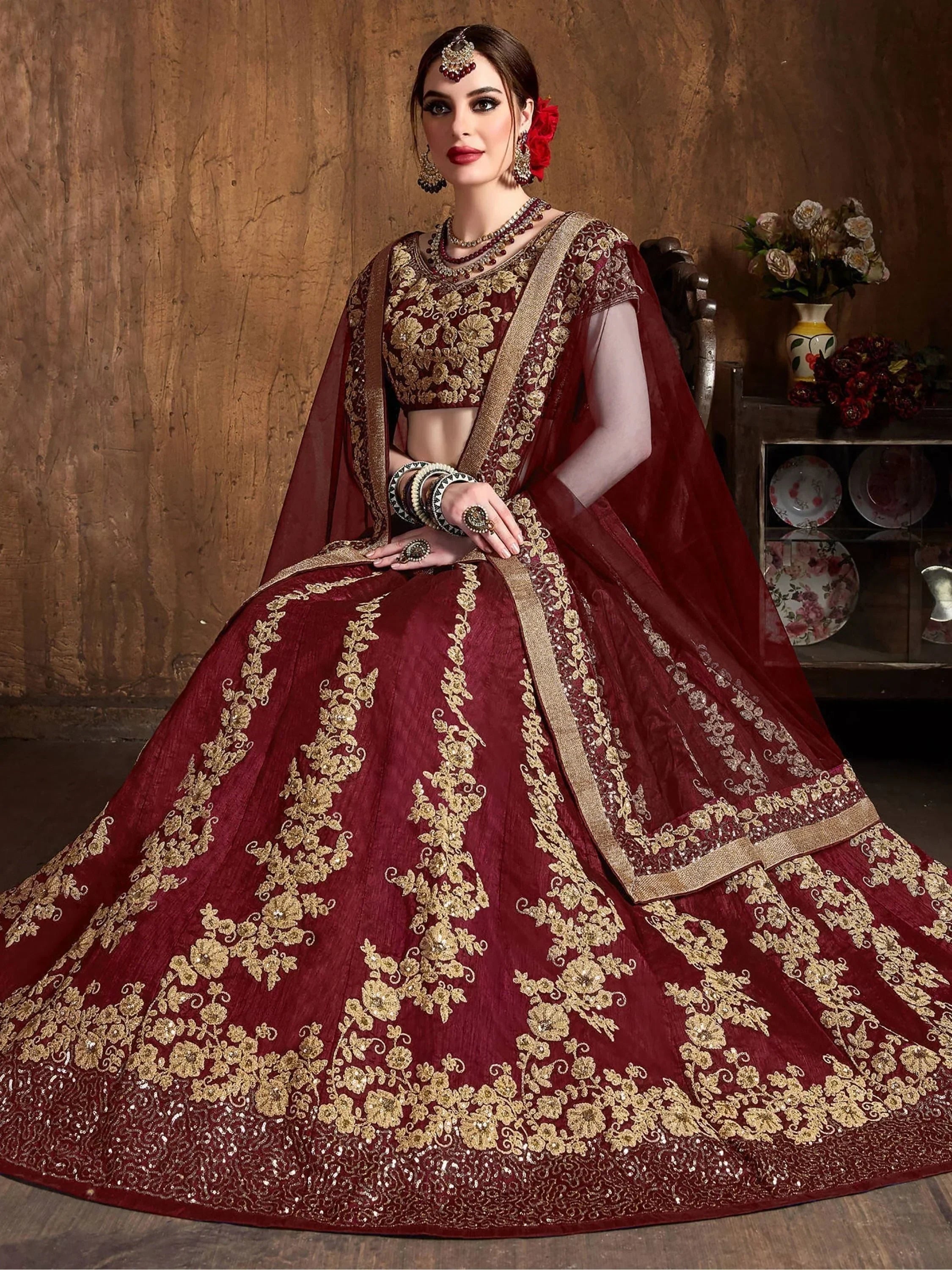 Maroon Embroidery Raw Silk Wedding Lehenga Choli With Dupatta