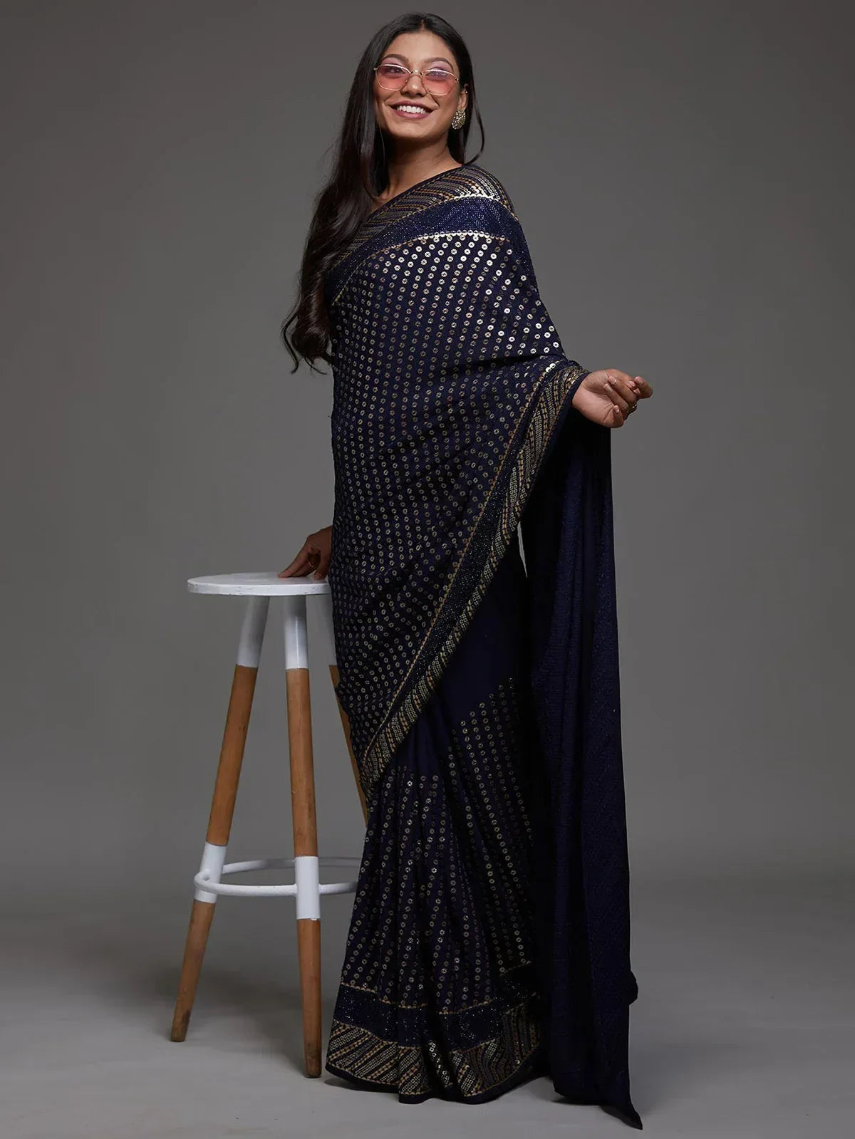 Navy Adorable Sequins Georgette Party Wear Saree With Blouse