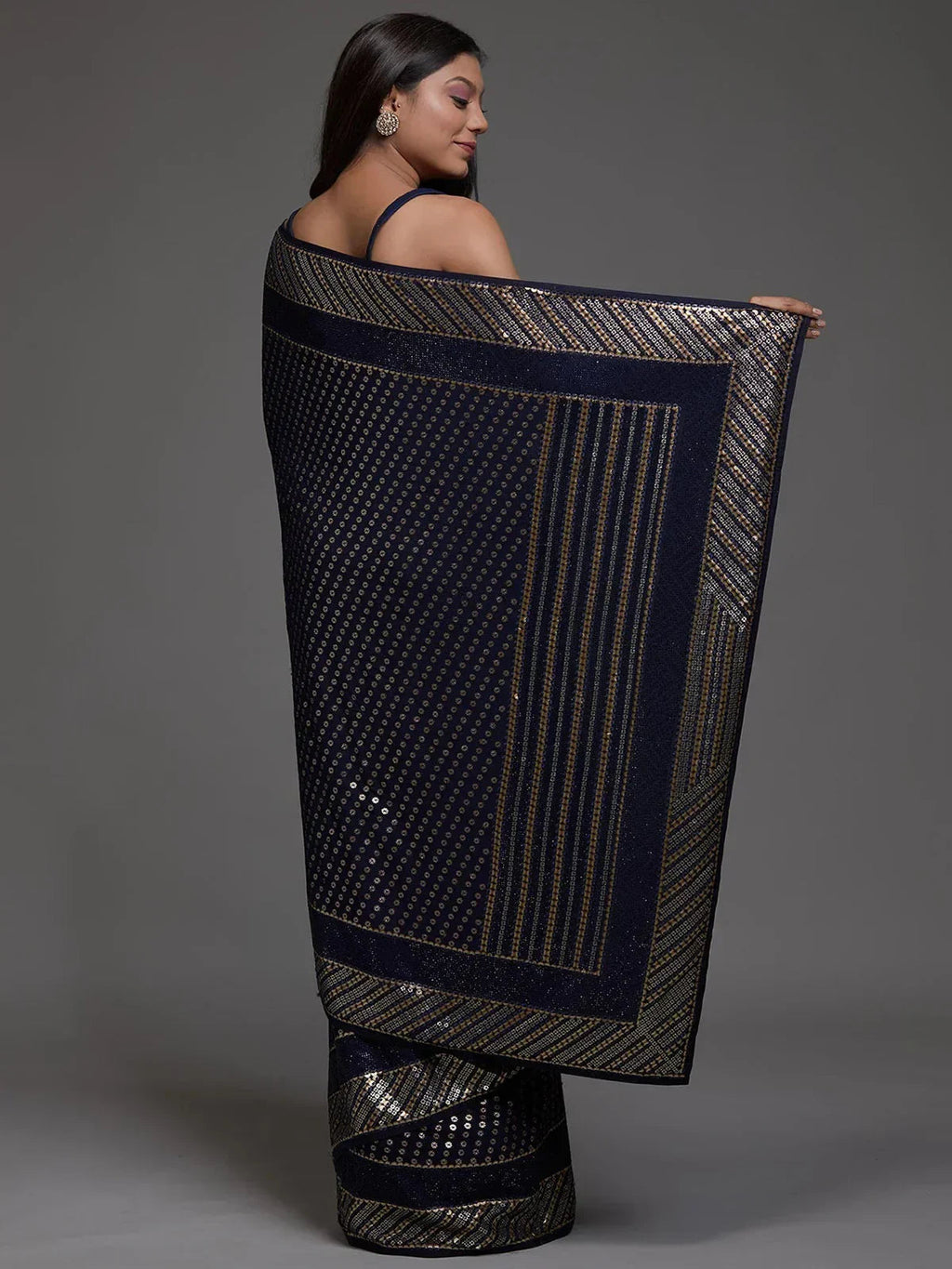 Navy Adorable Sequins Georgette Party Wear Saree With Blouse