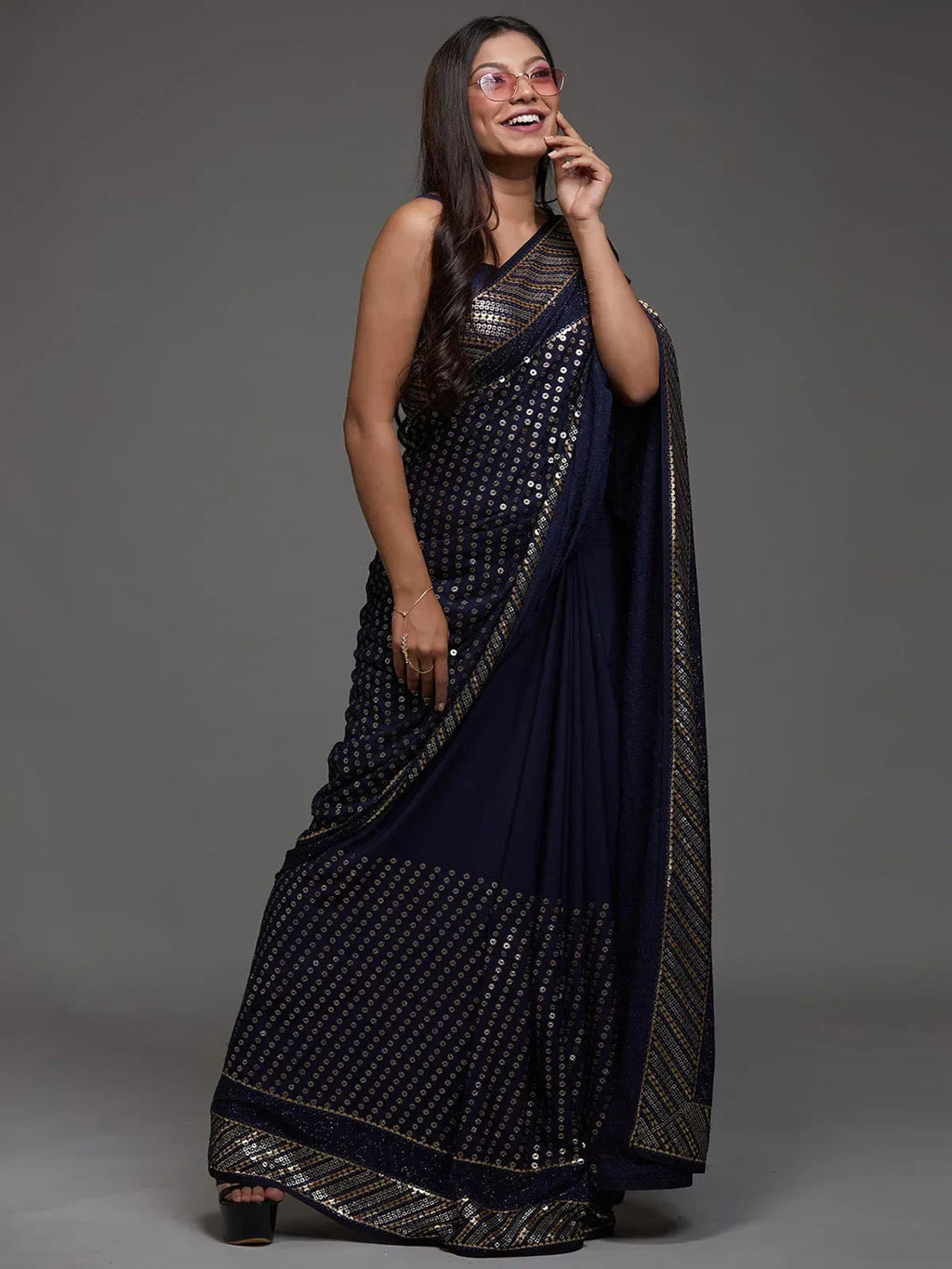 Navy Adorable Sequins Georgette Party Wear Saree With Blouse