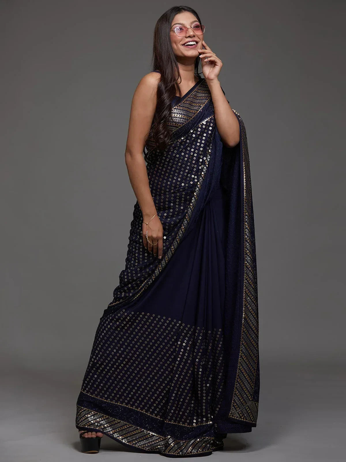 Navy Adorable Sequins Georgette Party Wear Saree With Blouse