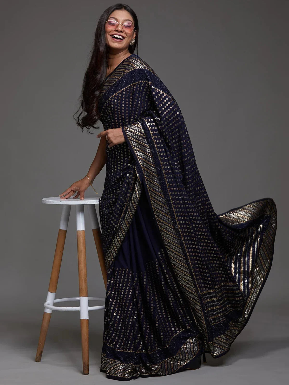 Navy Adorable Sequins Georgette Party Wear Saree With Blouse