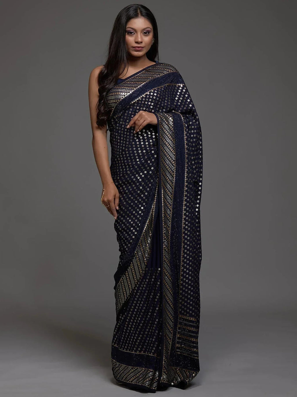 Navy Adorable Sequins Georgette Party Wear Saree With Blouse