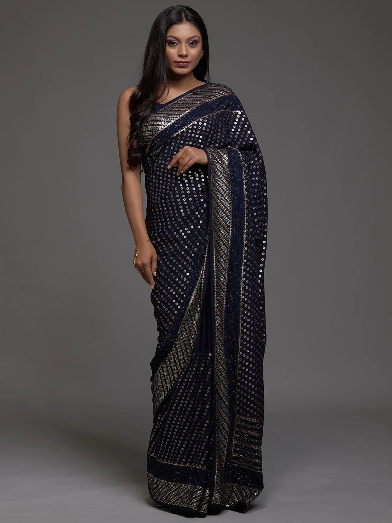 Navy Adorable Sequins Georgette Party Wear Saree With Blouse