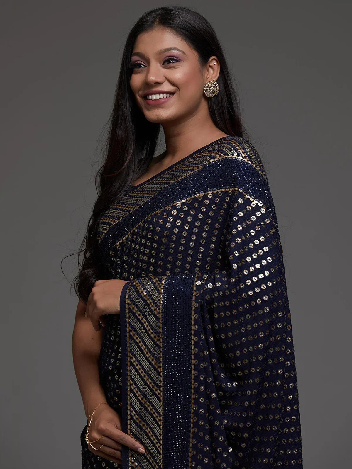 Navy Adorable Sequins Georgette Party Wear Saree With Blouse