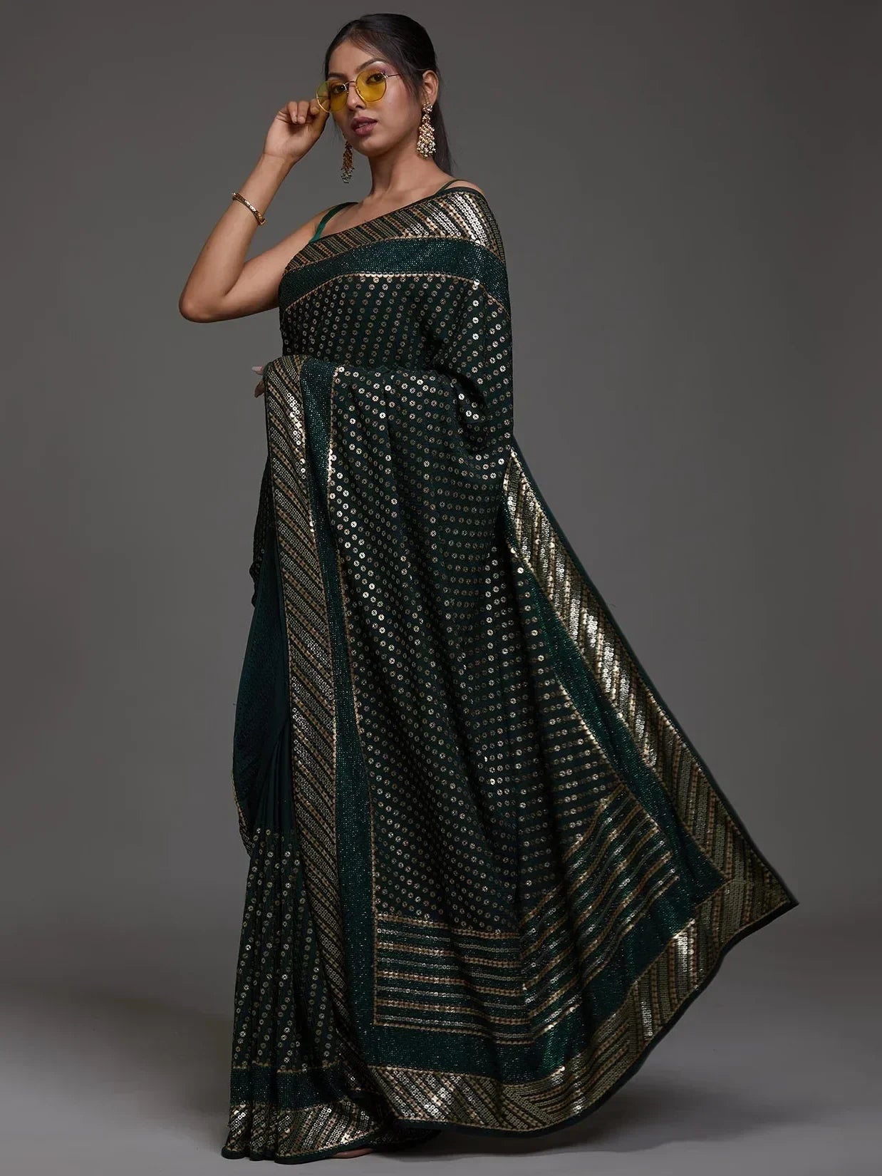Green Adorable Sequins Georgette Party Wear Saree With Blouse
