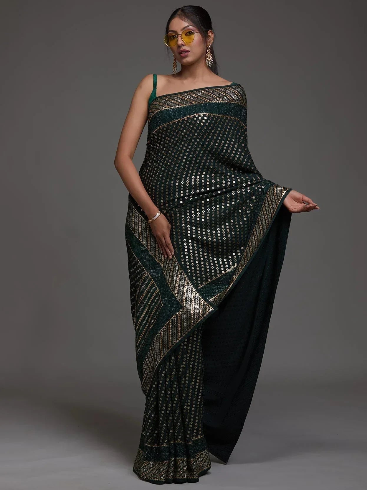 Green Adorable Sequins Georgette Party Wear Saree With Blouse