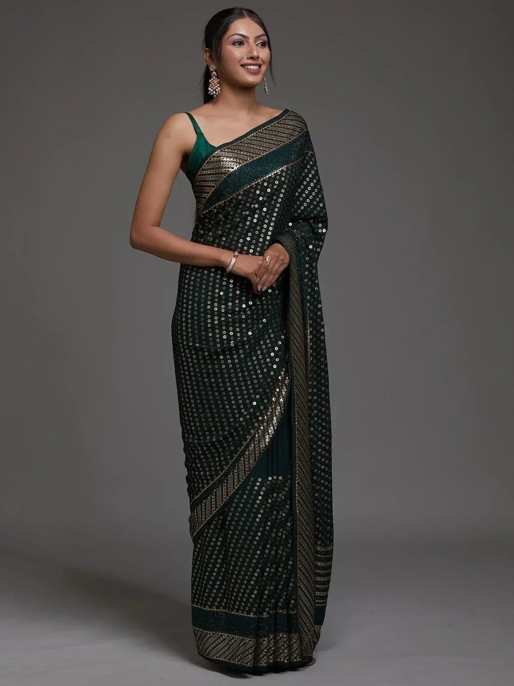Green Adorable Sequins Georgette Party Wear Saree With Blouse