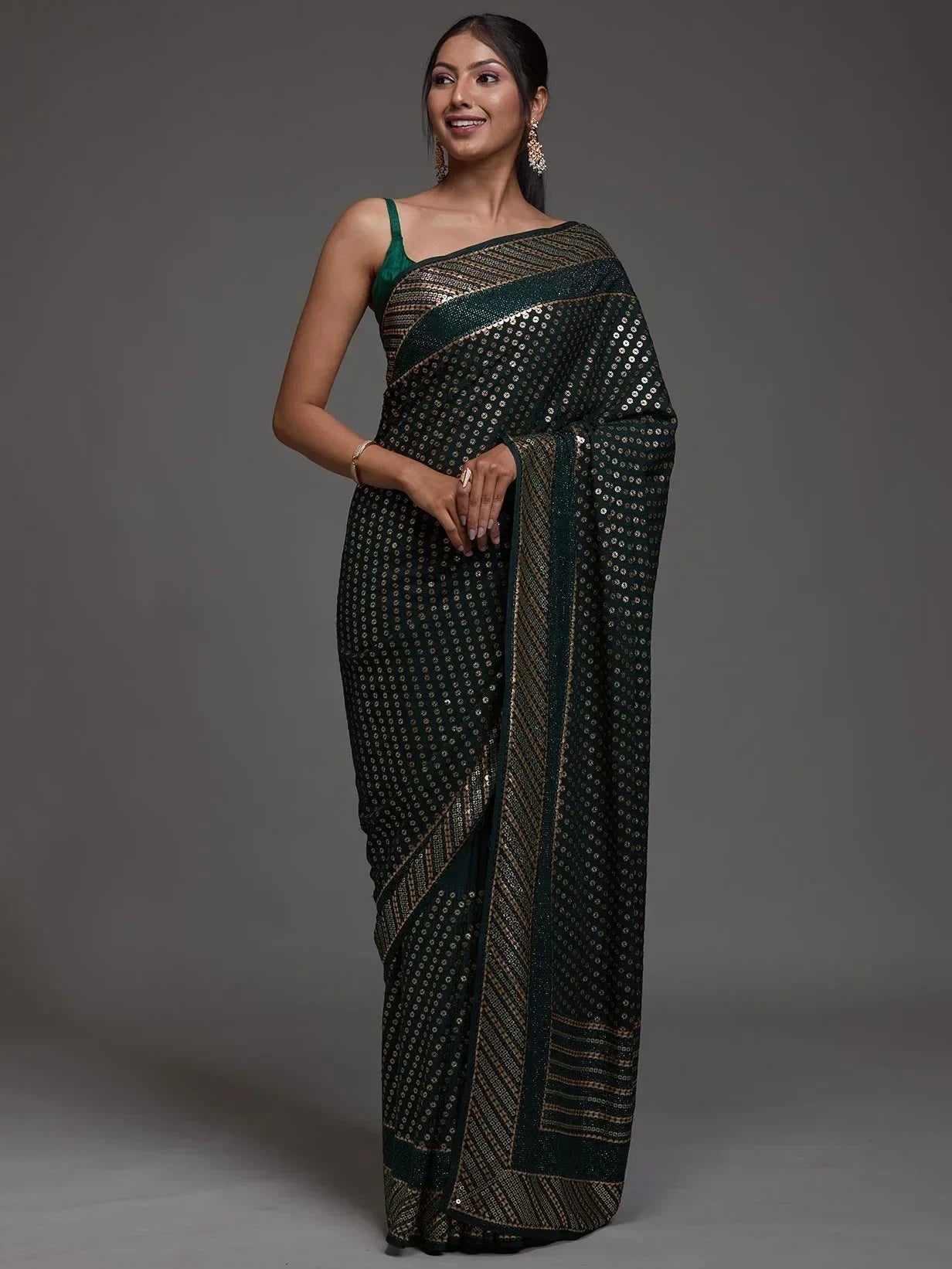 Green Adorable Sequins Georgette Party Wear Saree With Blouse