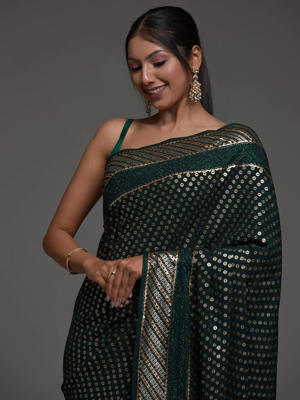 Green Adorable Sequins Georgette Party Wear Saree With Blouse