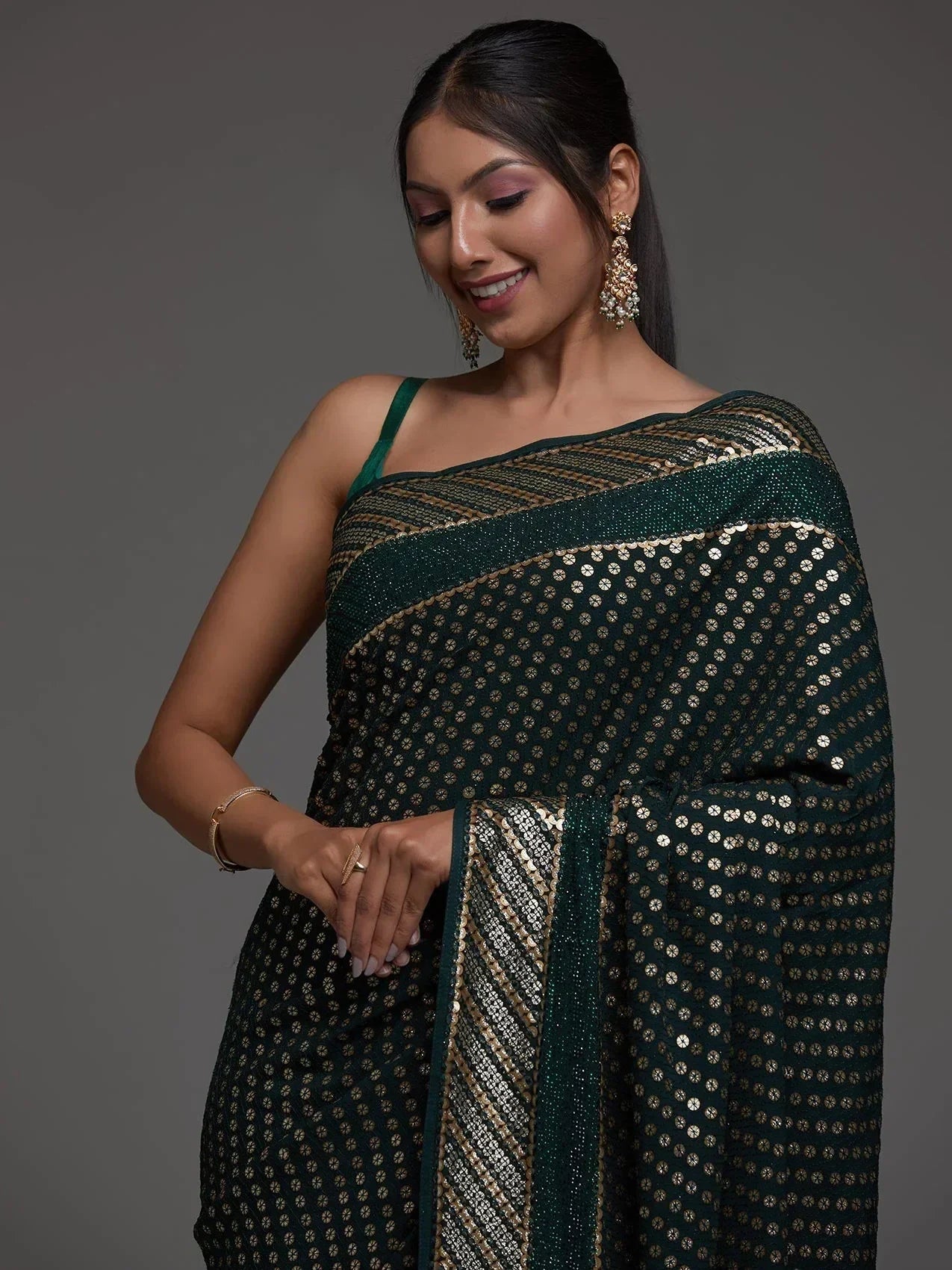 Green Adorable Sequins Georgette Party Wear Saree With Blouse