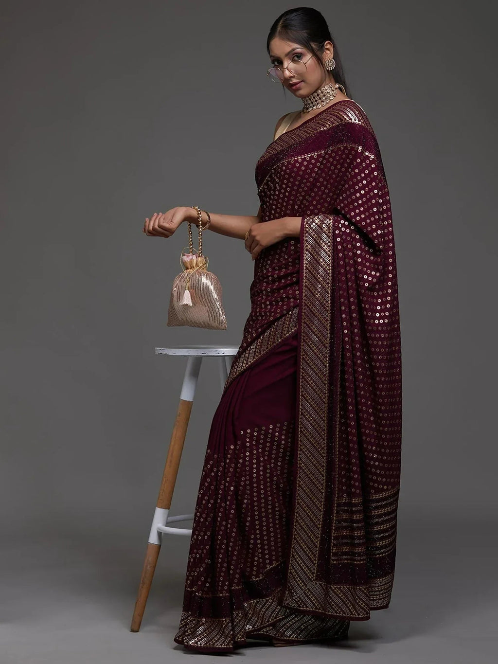 Maroon Adorable Sequins Georgette Party Wear Saree With Blouse