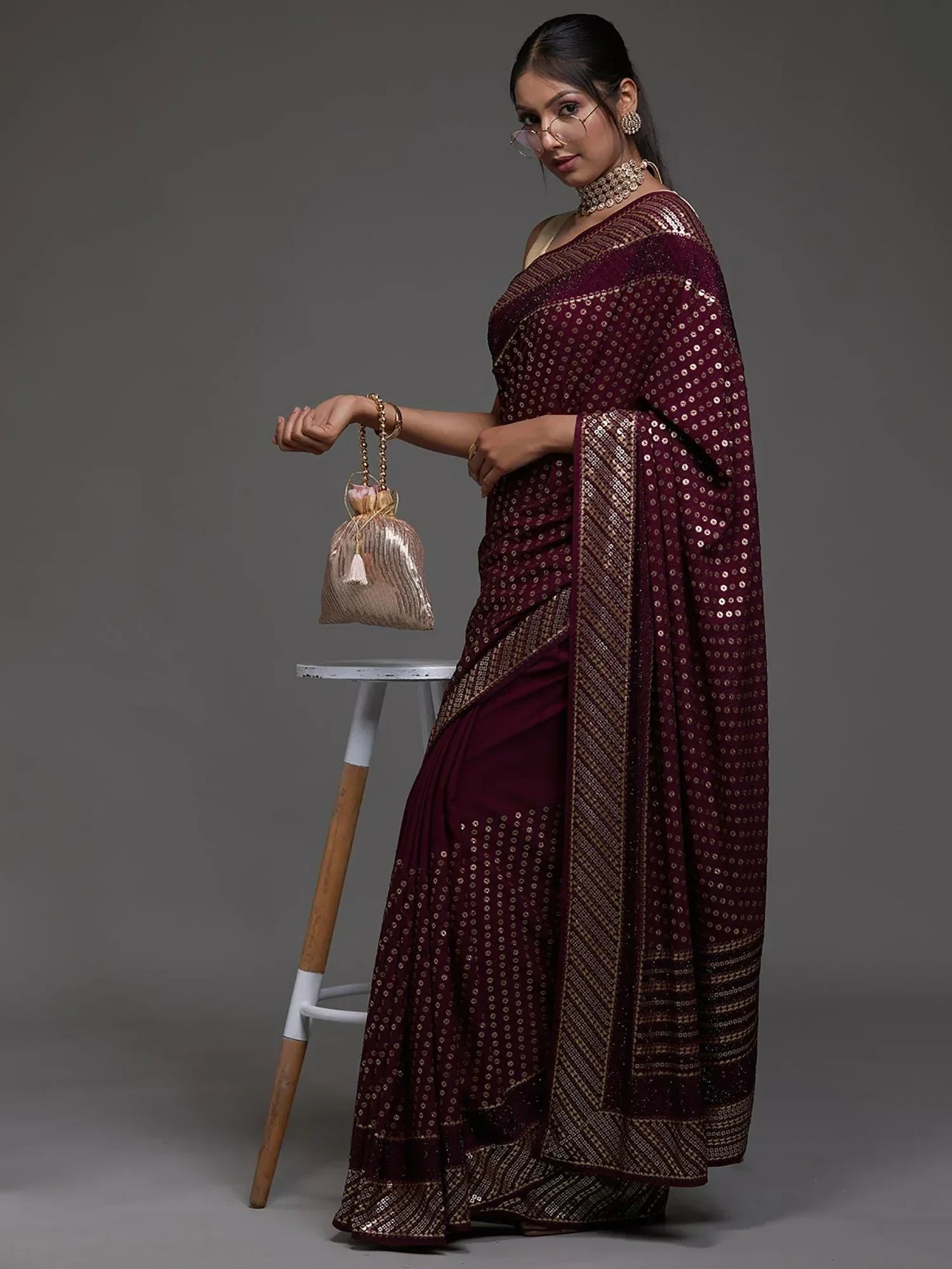 Maroon Adorable Sequins Georgette Party Wear Saree With Blouse